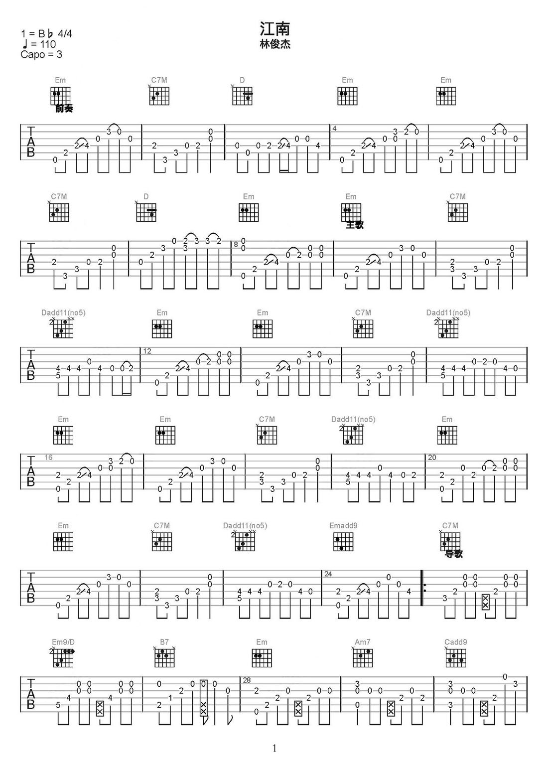 江南吉他譜_林俊杰_C調(diào)指彈/獨(dú)奏譜_圖譜1