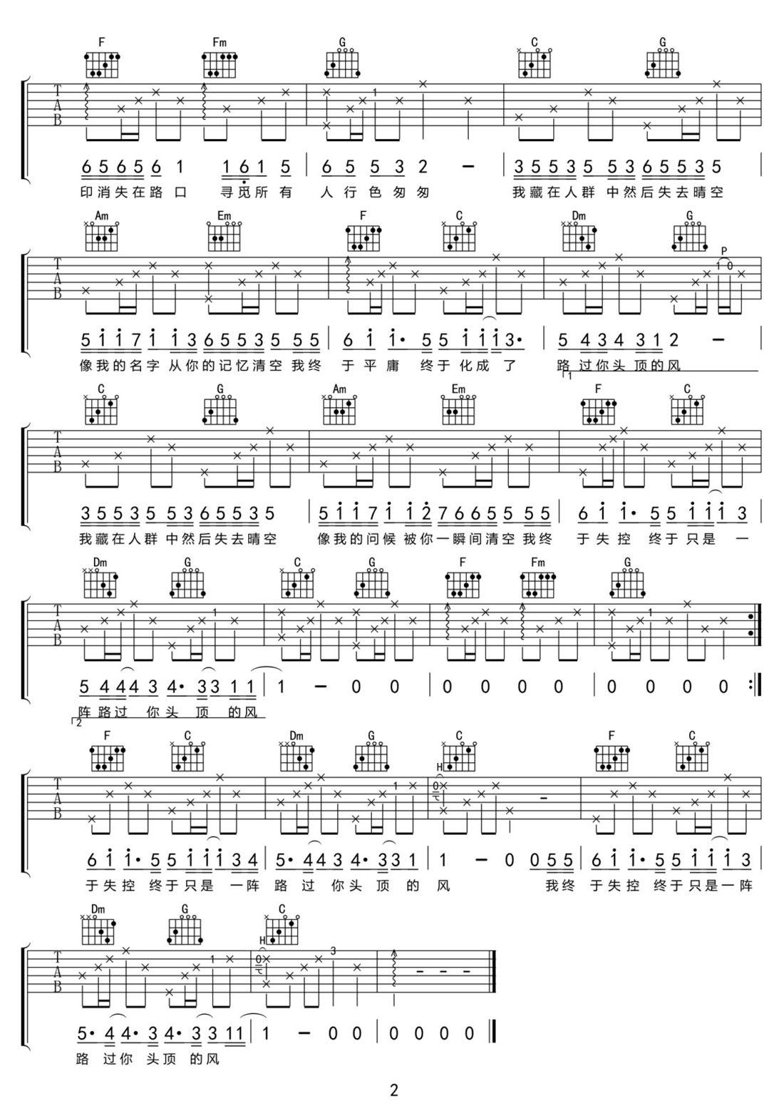 你頭頂的風吉他譜_王小帥_C調和弦彈唱譜_圖譜2
