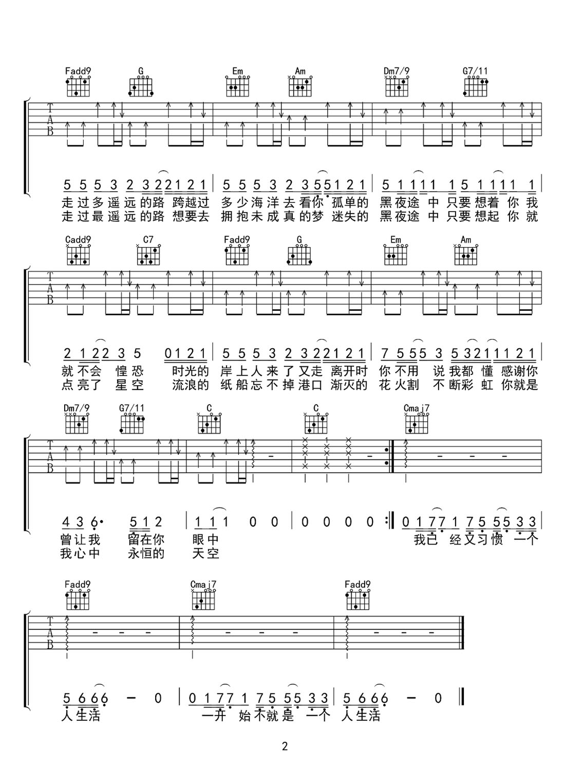 寂寞煙火吉他譜_朱婧汐_C調(diào)和弦彈唱譜_高清簡易版_圖譜2