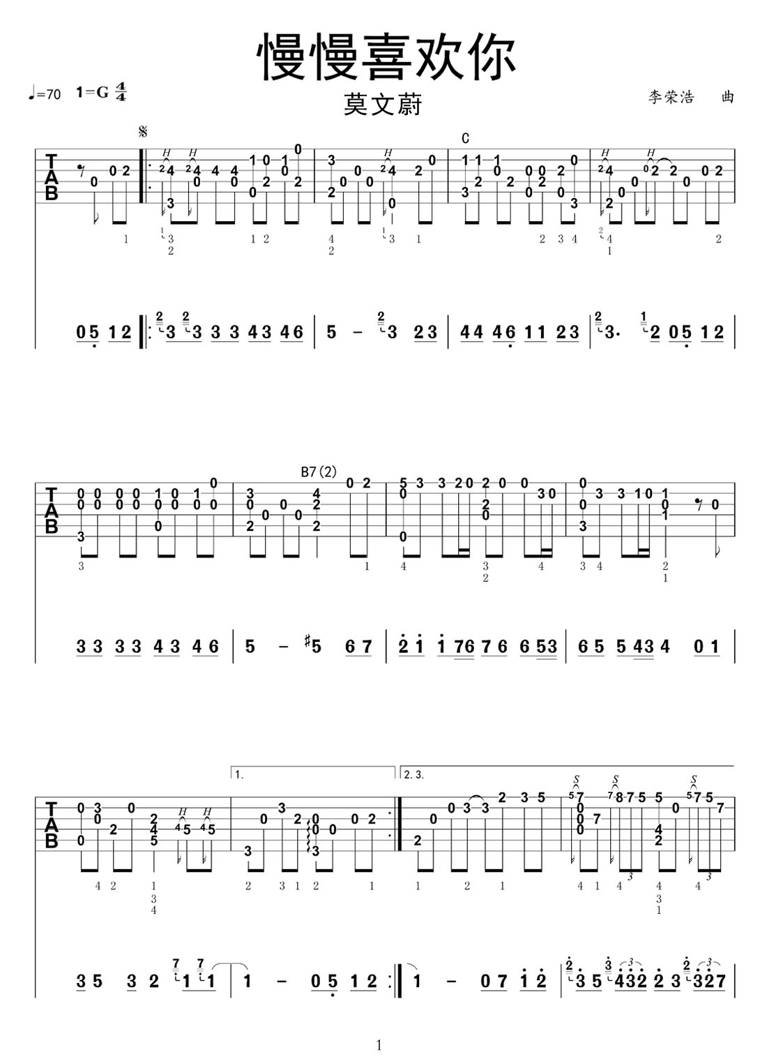 慢慢喜歡你吉他譜_莫文蔚_G調(diào)指彈/獨(dú)奏譜_原版改編_圖譜1