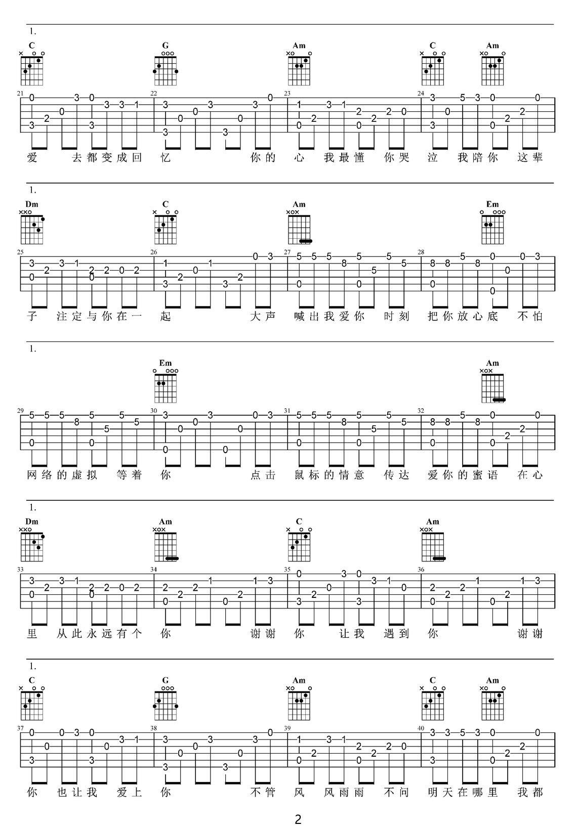 在心里從此永遠(yuǎn)有個你吉他譜_高安_C調(diào)指彈/獨奏譜_簡單版_圖譜2