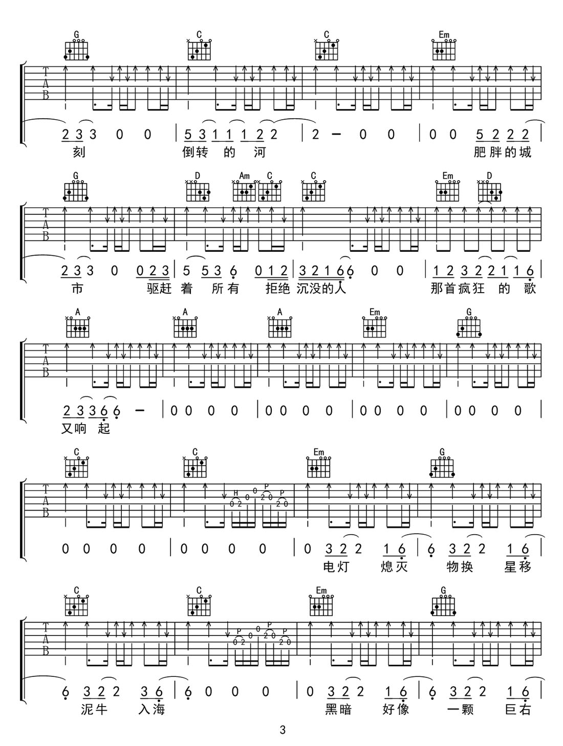 大石碎胸口吉他譜_萬(wàn)能青年旅店_G調(diào)和弦彈唱譜_高清重制版_圖譜3