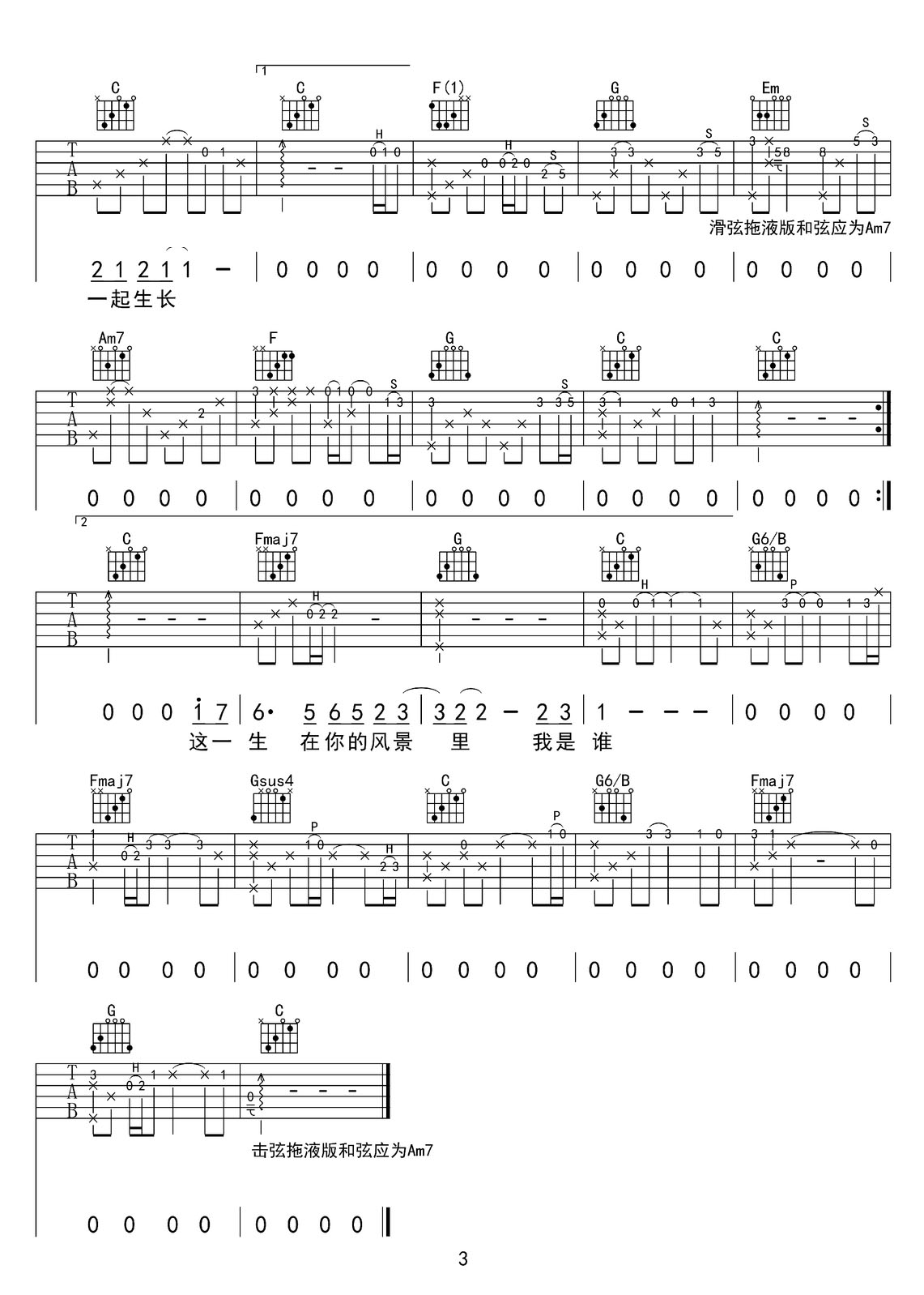 這一生關(guān)于你的風(fēng)景吉他譜_隔壁老樊_C調(diào)和弦彈唱譜_完美精編版_圖譜3