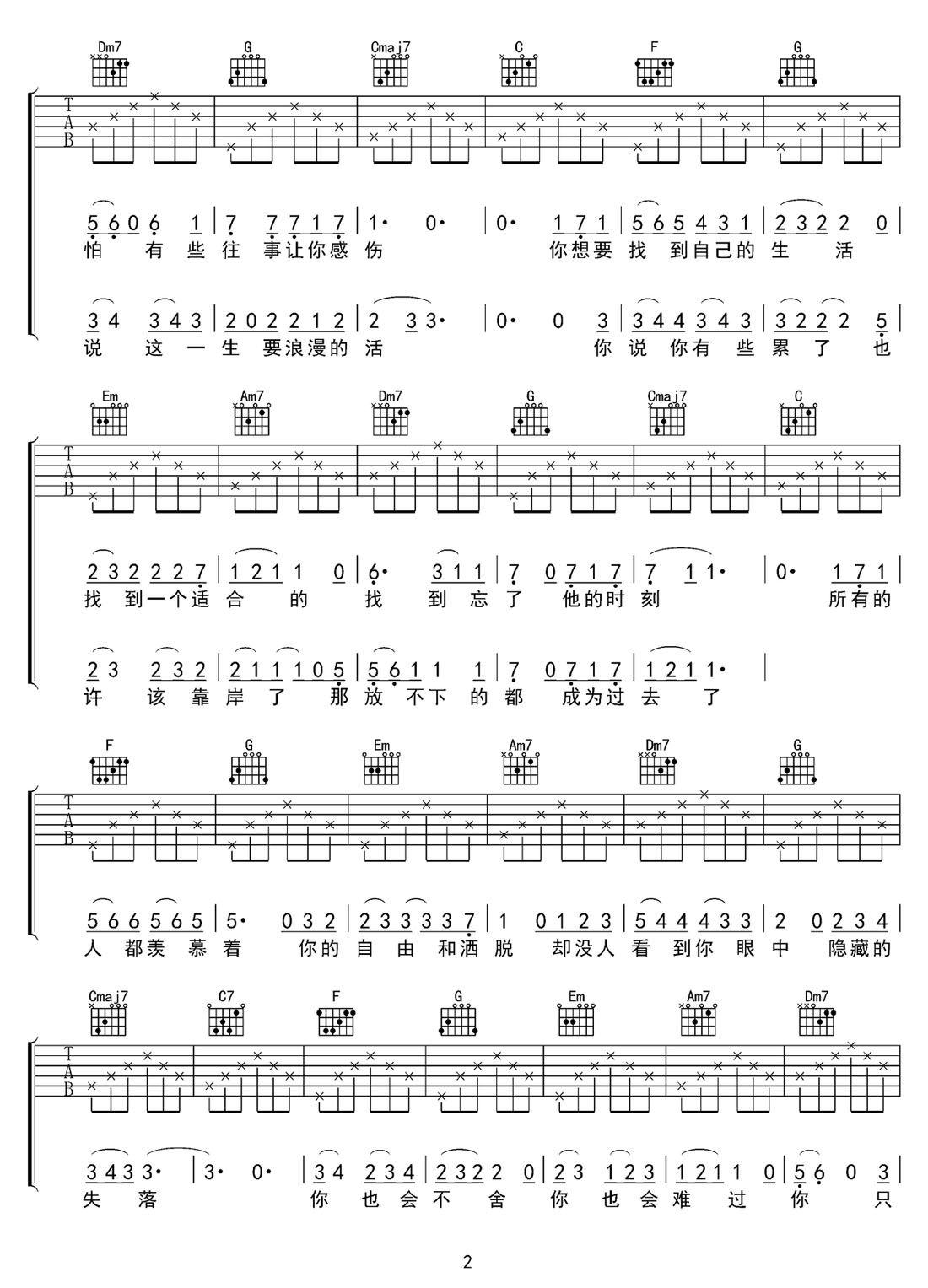 小咪吉他譜_枯木逢春_C調和弦彈唱譜_圖譜2