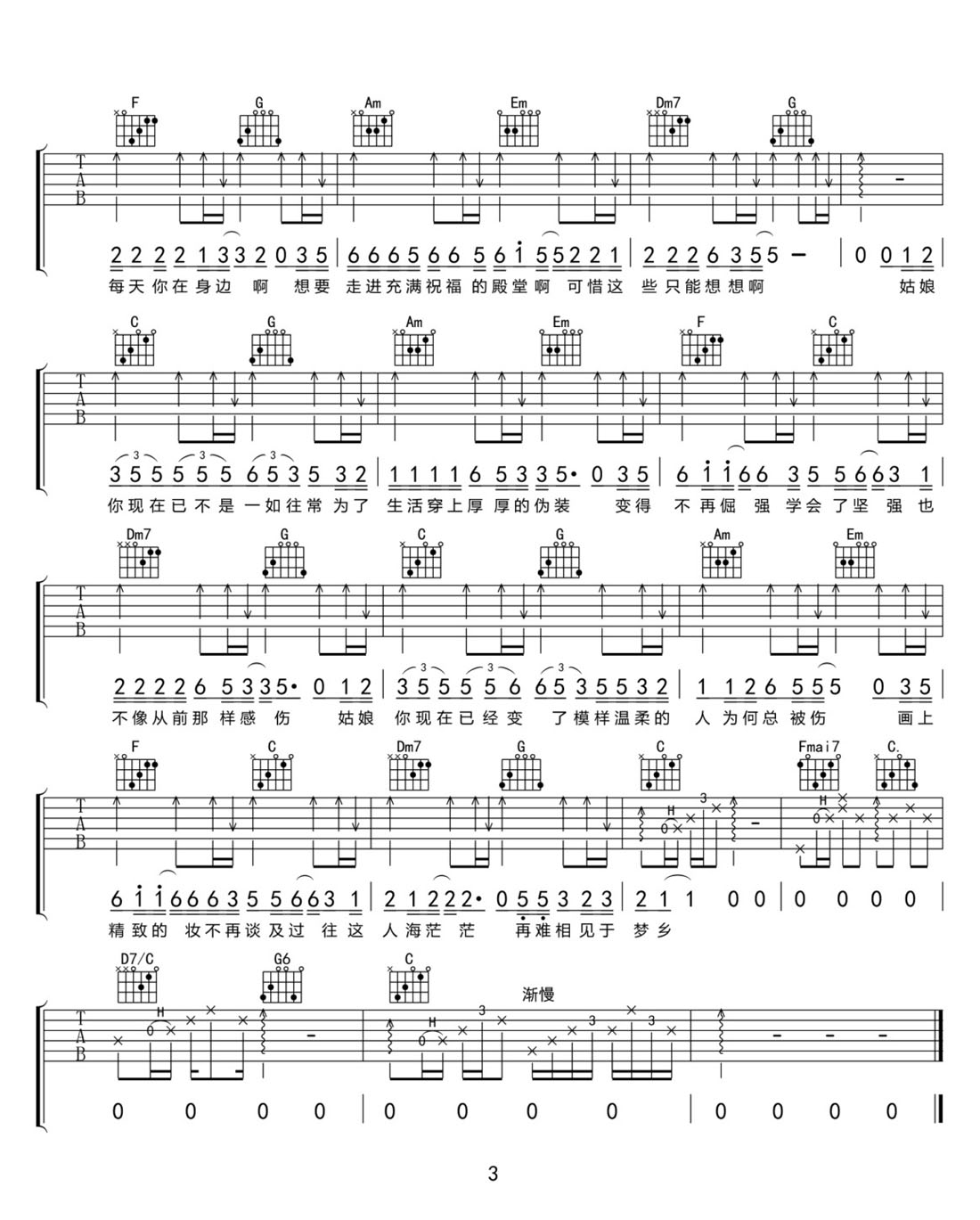 不再等候的姑娘吉他譜_魏明華_C調(diào)和弦彈唱譜_完整帶前奏_圖譜3