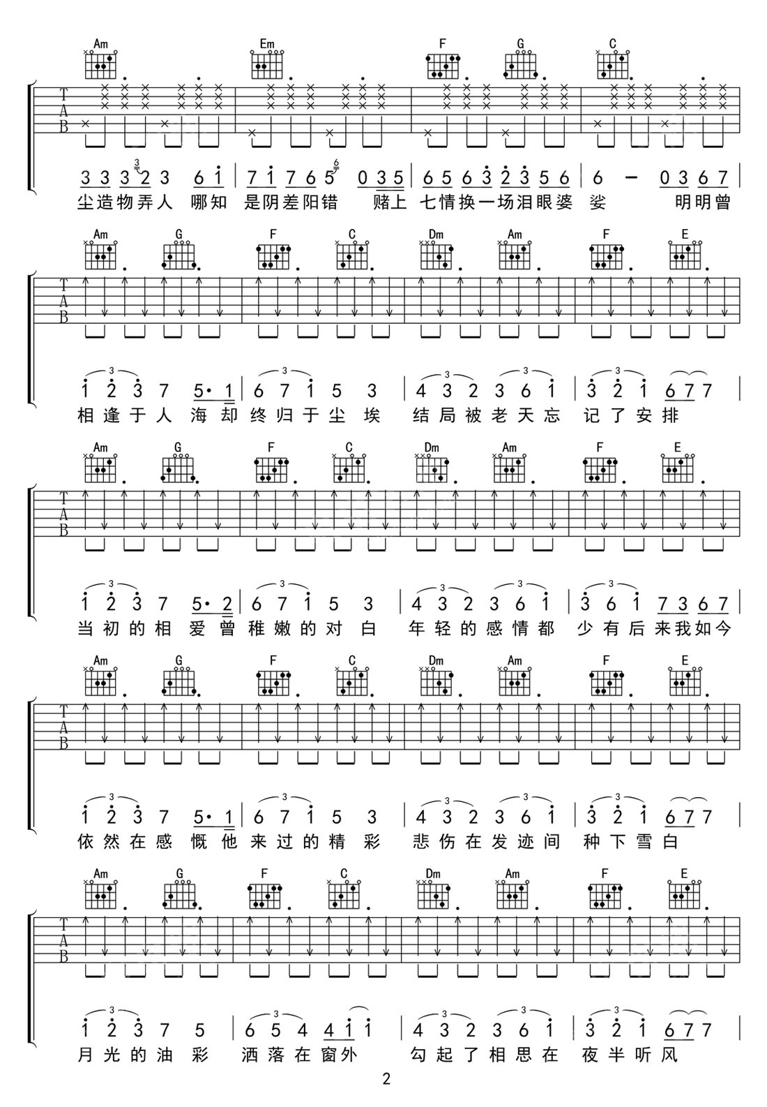 夜半聽風(fēng)吉他譜_阿悠悠_C調(diào)和弦彈唱譜_完美帶前奏_圖譜2