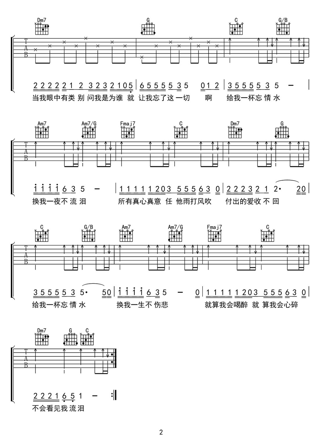 忘情水吉他譜_劉德華_C調(diào)和弦彈唱譜_高清簡單版_圖譜2