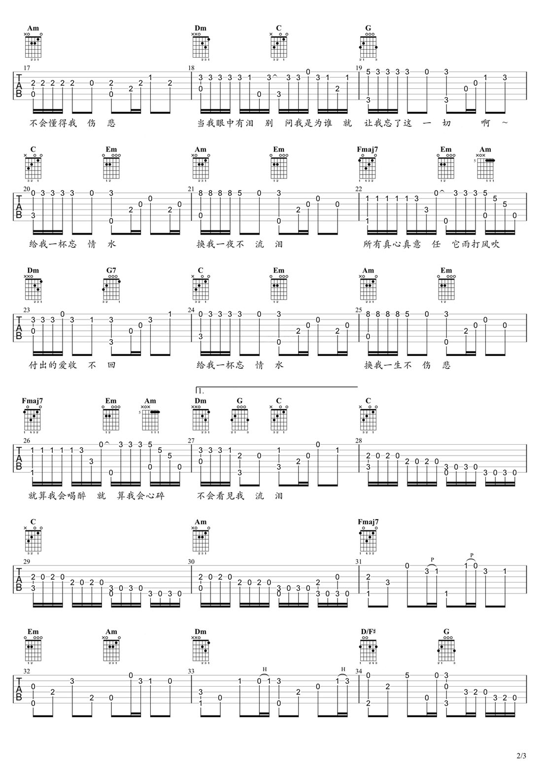 忘情水吉他譜_劉德華_C調(diào)指彈/獨(dú)奏譜_新編_圖譜2