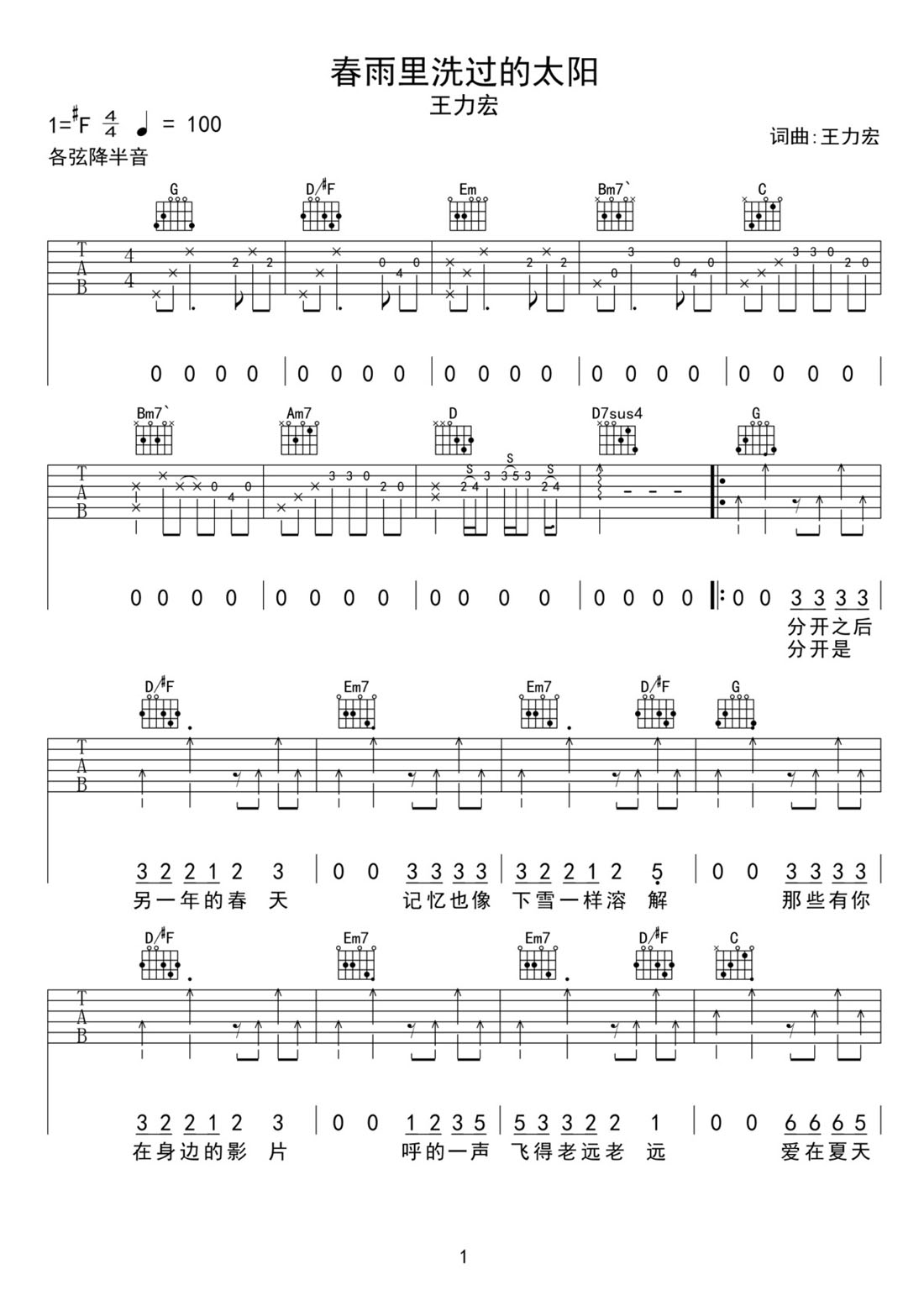 春雨里洗過的太陽吉他譜_王力宏_G調(diào)和弦彈唱譜_高清完整_圖譜1