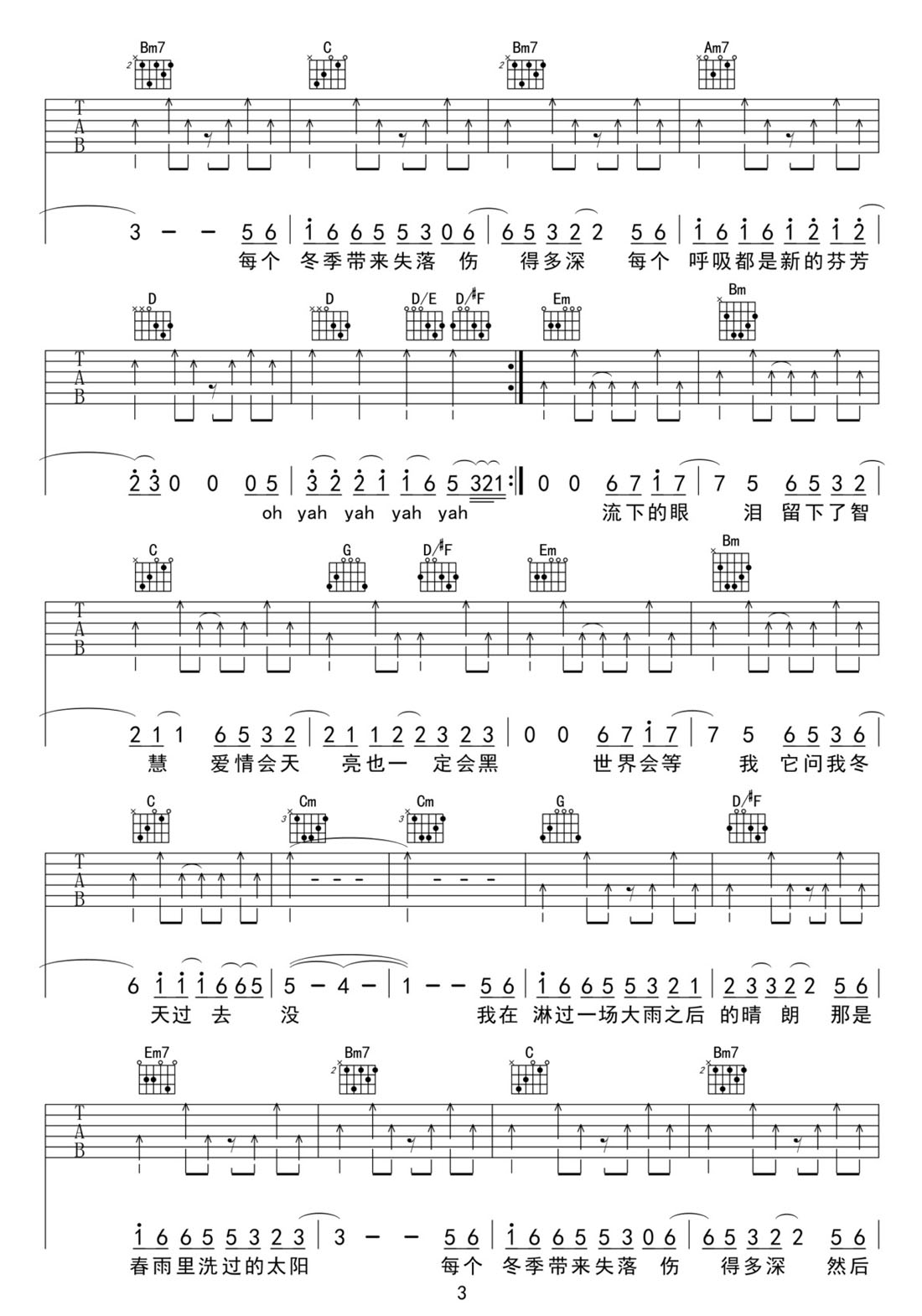 春雨里洗過的太陽吉他譜_王力宏_G調(diào)和弦彈唱譜_高清完整_圖譜3