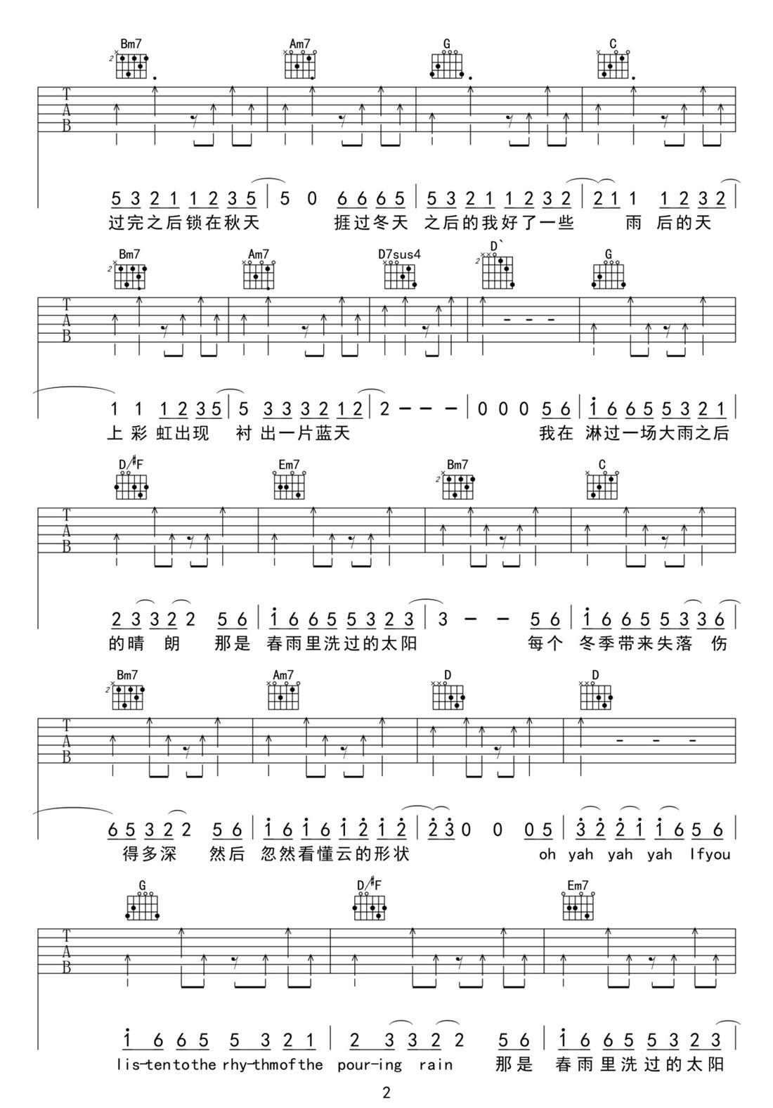 春雨里洗過的太陽吉他譜_王力宏_G調(diào)和弦彈唱譜_高清完整_圖譜2