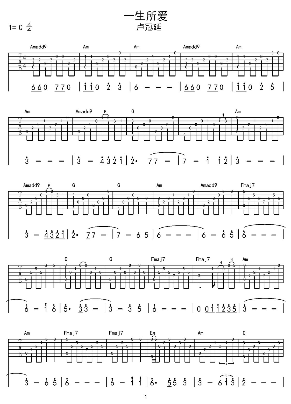 陪著你走吉他譜_盧冠廷_C調(diào)指彈/獨(dú)奏譜_簡(jiǎn)易版_圖譜1