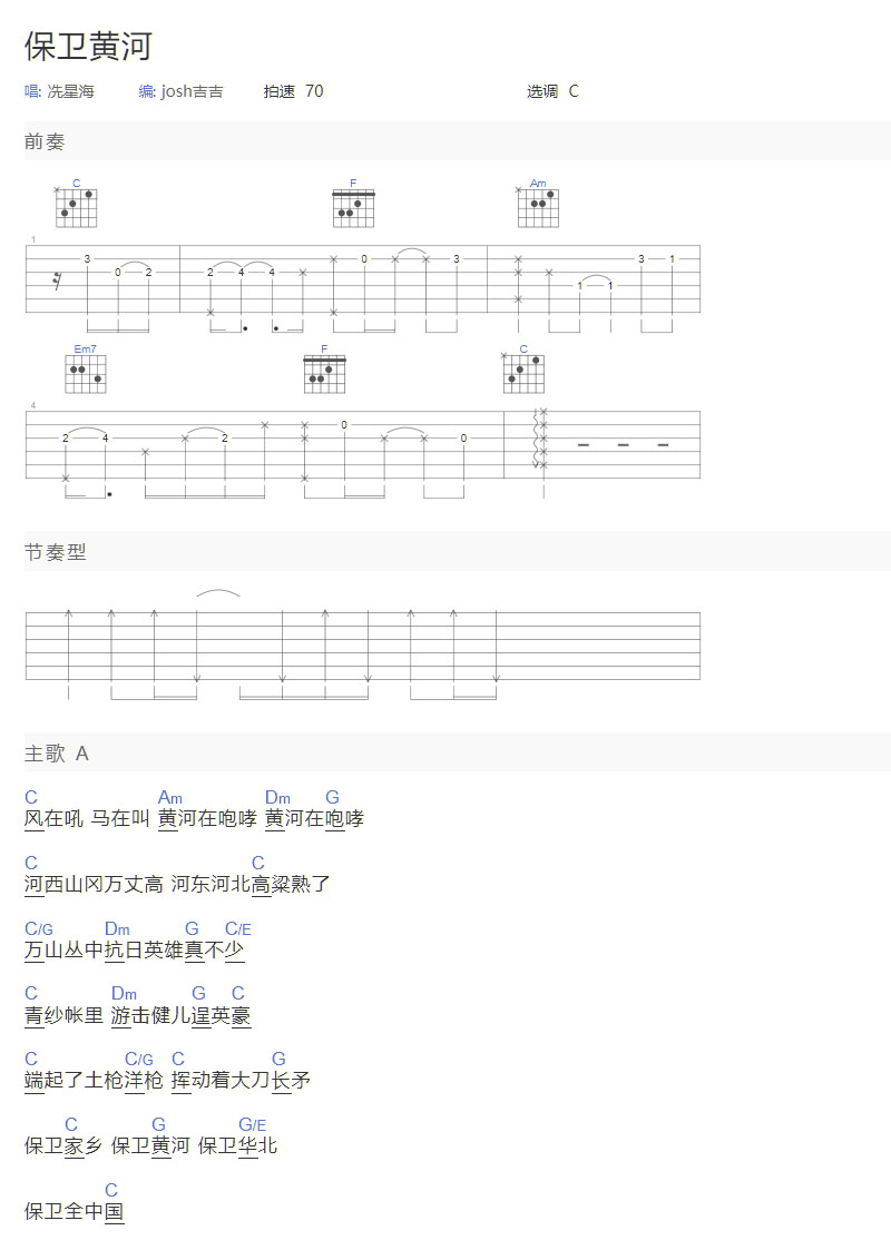 保衛(wèi)黃河吉他譜_冼星海_C調(diào)和弦彈唱譜_圖譜1