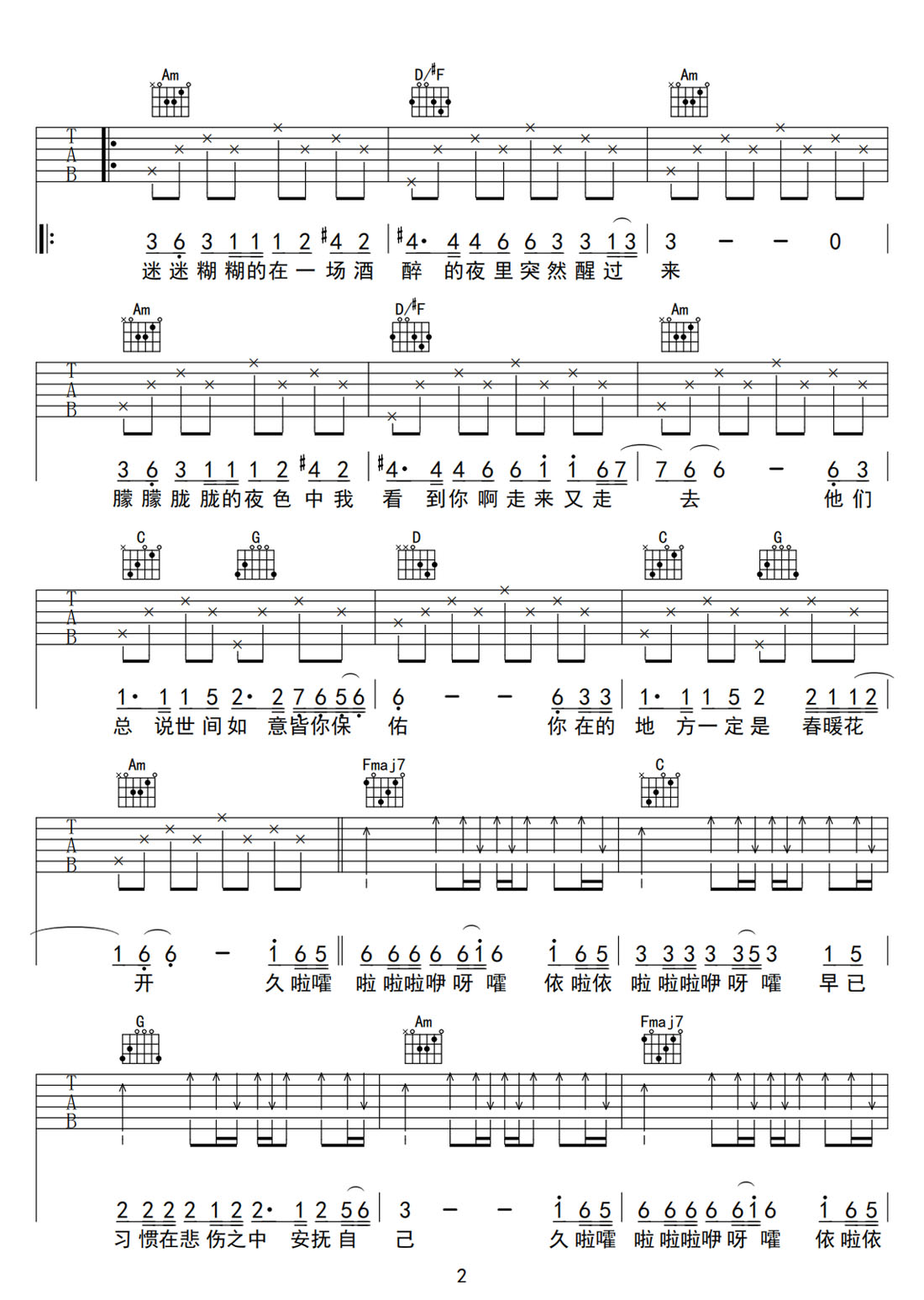 托夢吉他譜_海來阿木_C調和弦彈唱譜_簡單版_圖譜2
