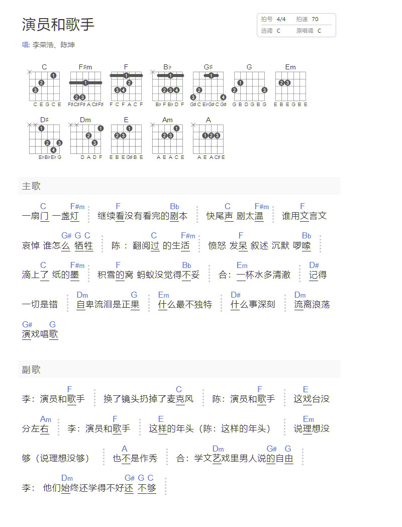 演員和歌手吉他譜_李榮浩_C調(diào)和弦彈唱譜_陳坤合唱版_圖譜1