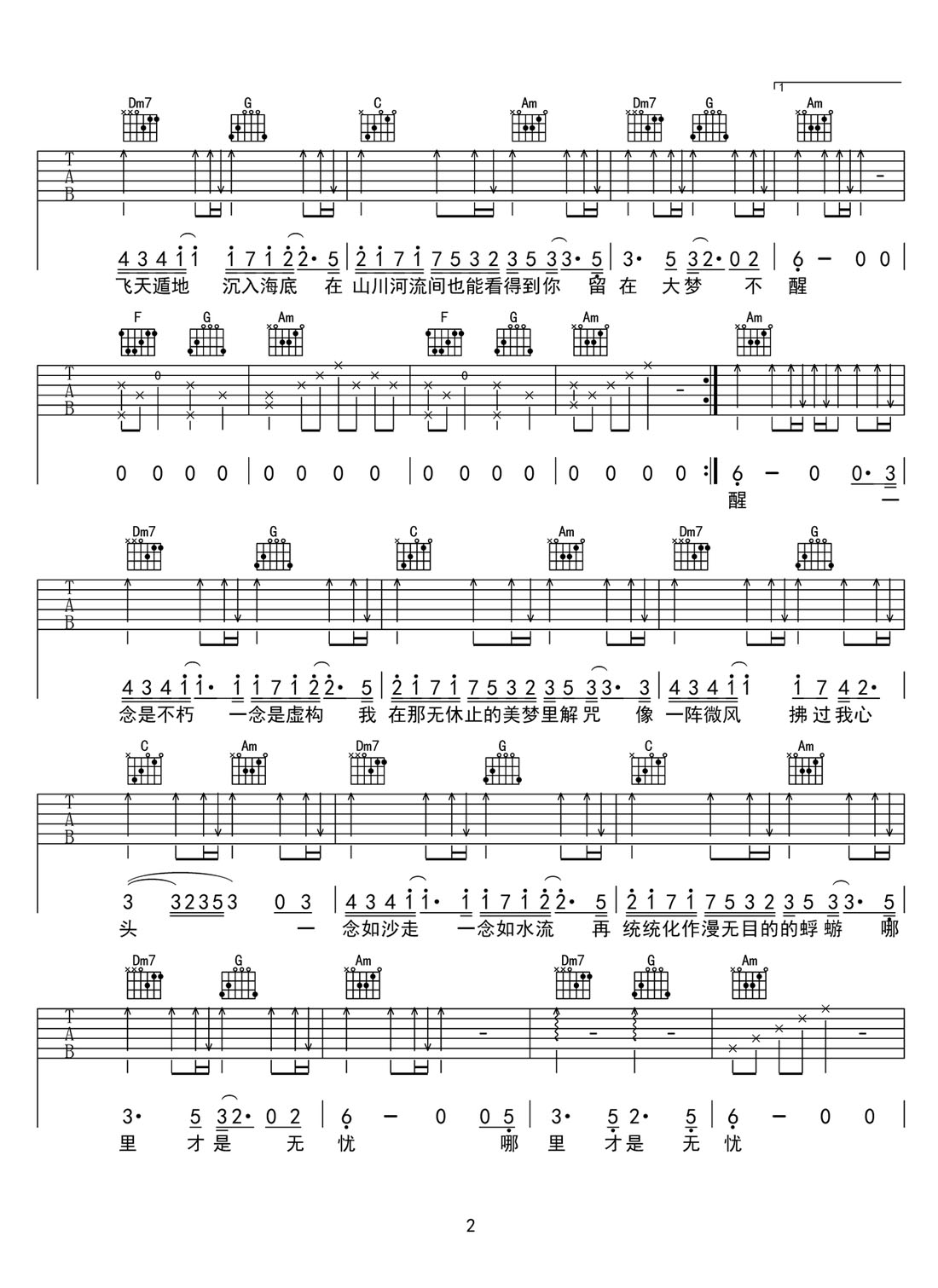 大夢(mèng)不醒吉他譜_張杰_C調(diào)和弦彈唱譜_完整高清_圖譜2