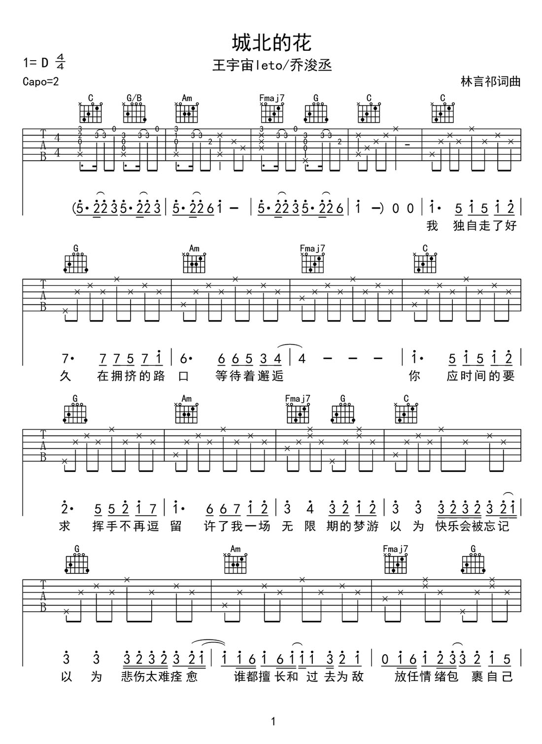 城北的花吉他譜_王宇宙leto_C調(diào)和弦彈唱譜_完美版_圖譜1