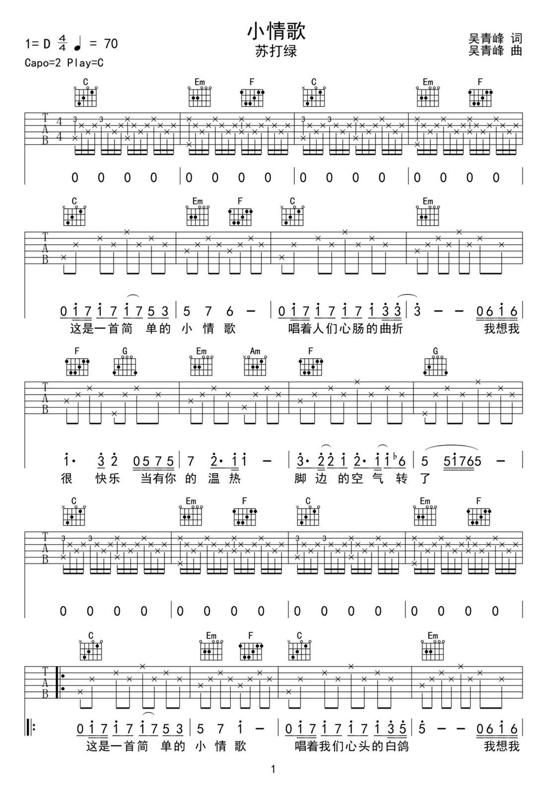 小情歌吉他譜_蘇打綠_C調(diào)和弦彈唱譜_編配版_圖譜1