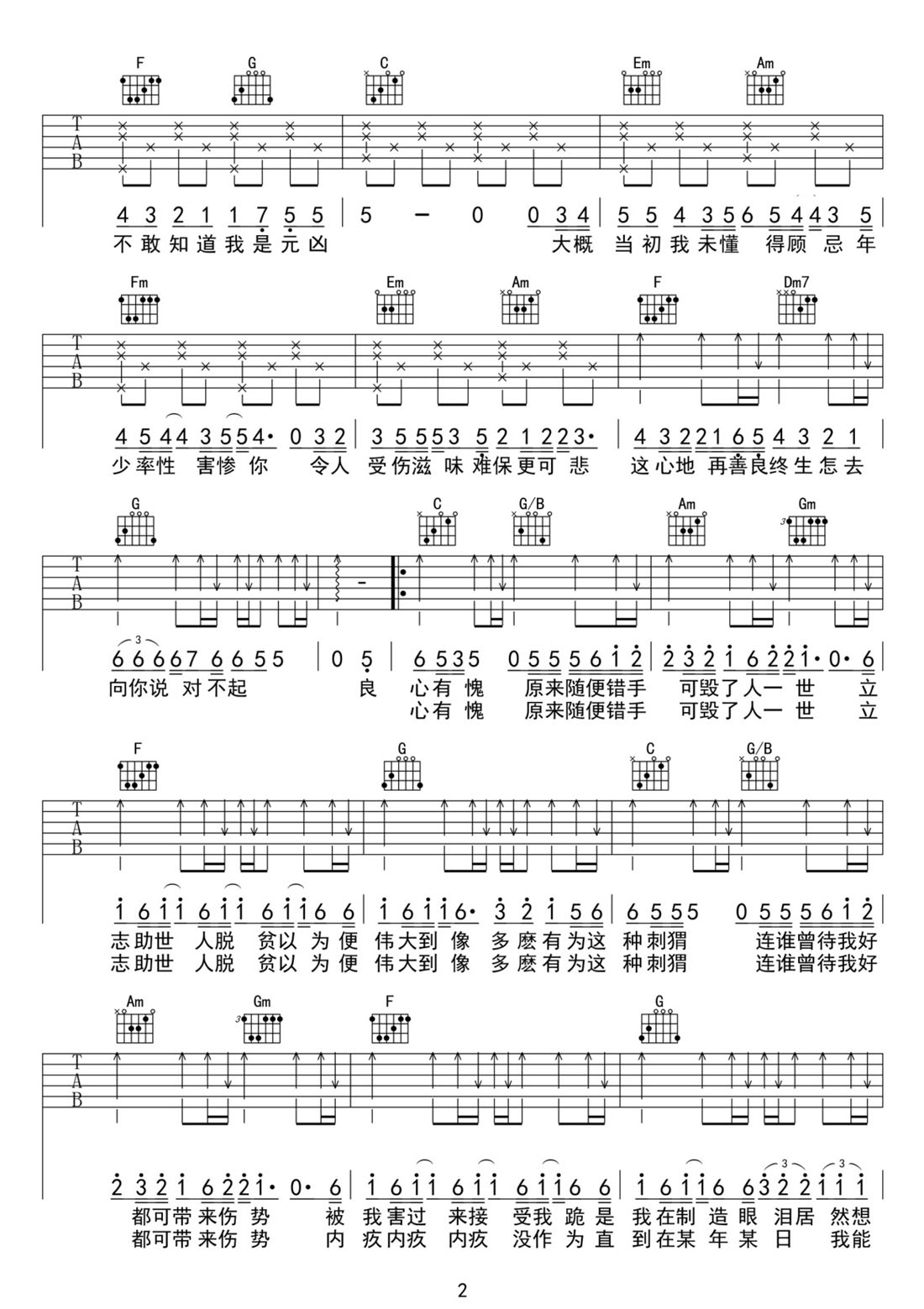于心有愧吉他譜_陳奕迅_C調(diào)和弦彈唱譜_完美版帶前奏_圖譜2