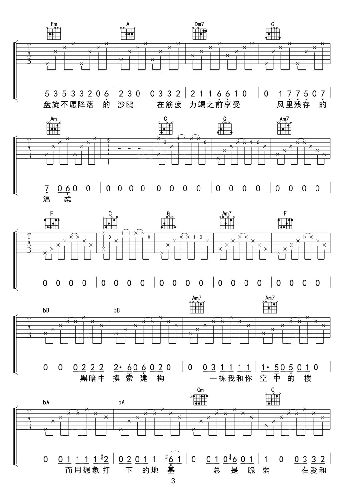 在愛和你之間吉他譜_楊乃文_C調和弦彈唱譜_原版改編_圖譜3