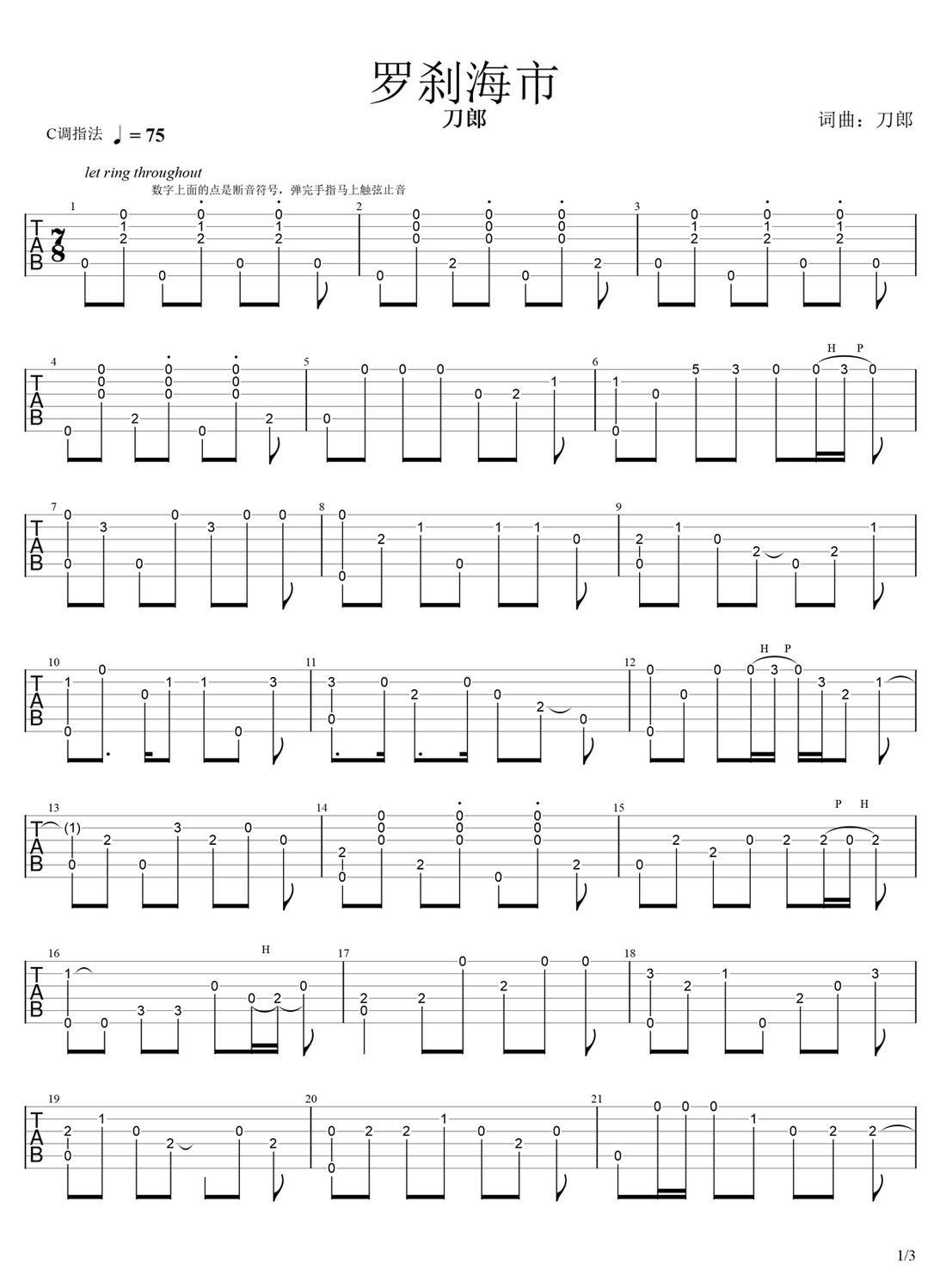 羅剎海市吉他譜_刀郎_C調(diào)指彈/獨奏譜_簡單指法_圖譜1