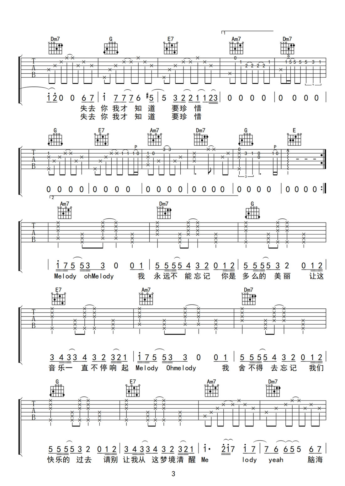 Melody吉他譜_陶喆_C調(diào)和弦彈唱譜_高清完美版_圖譜3