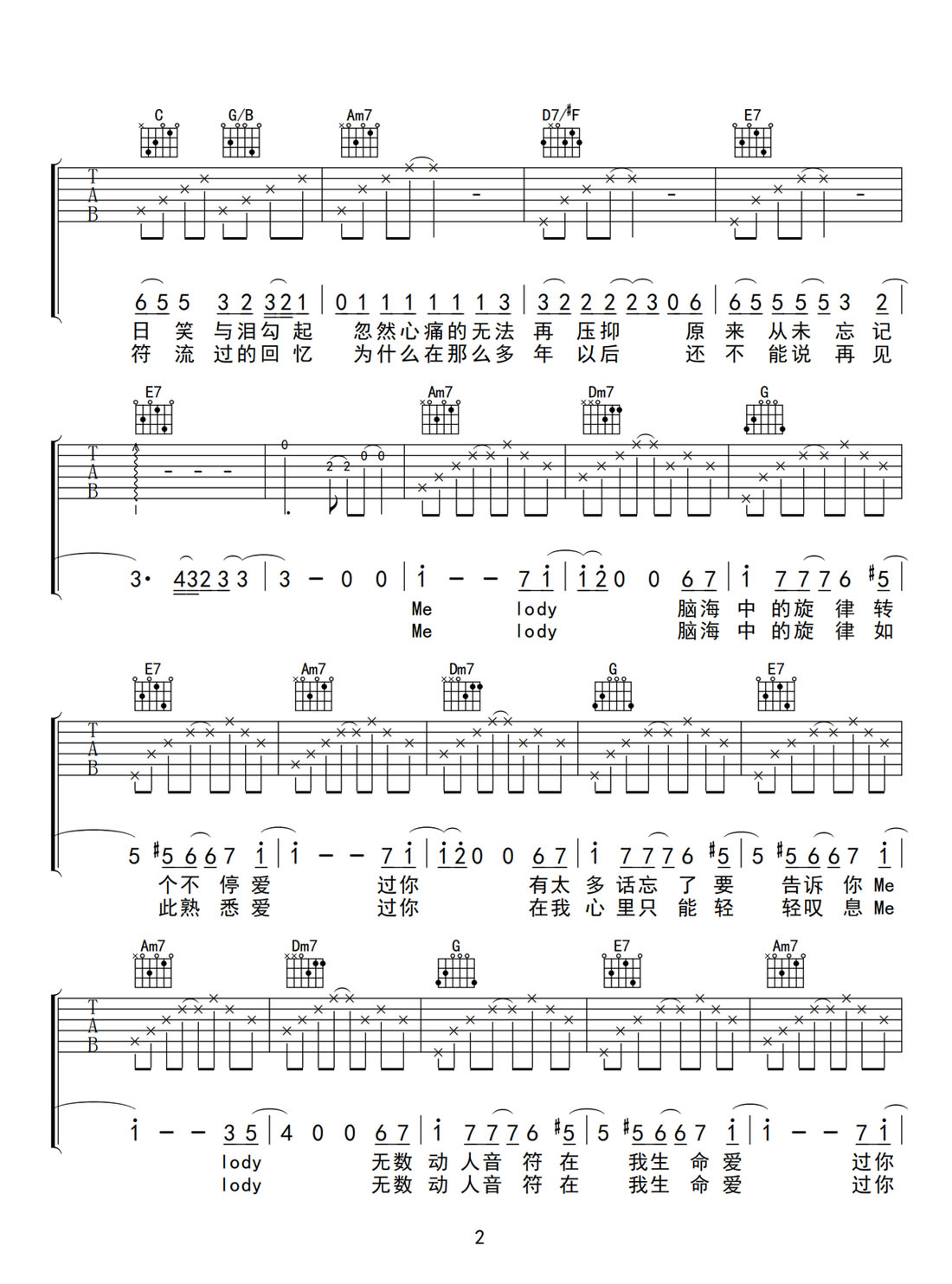 Melody吉他譜_陶喆_C調(diào)和弦彈唱譜_高清完美版_圖譜2