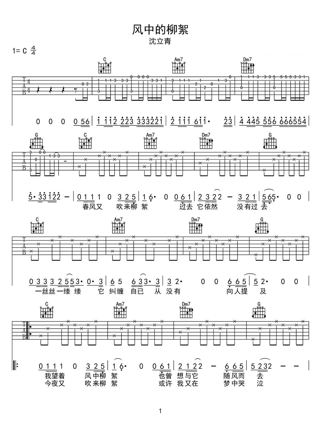風中的柳絮吉他譜_沈立青_C調(diào)和弦彈唱譜_簡單帶前奏_圖譜1
