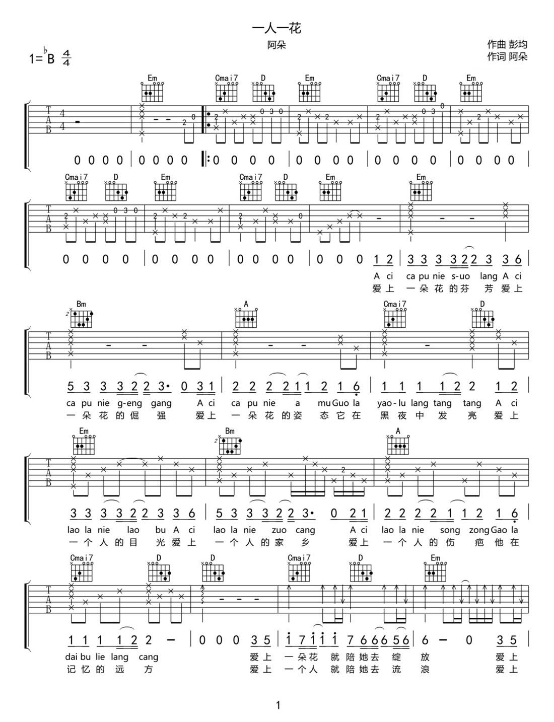一人一花吉他譜_阿朵_C調(diào)和弦彈唱譜_圖譜1