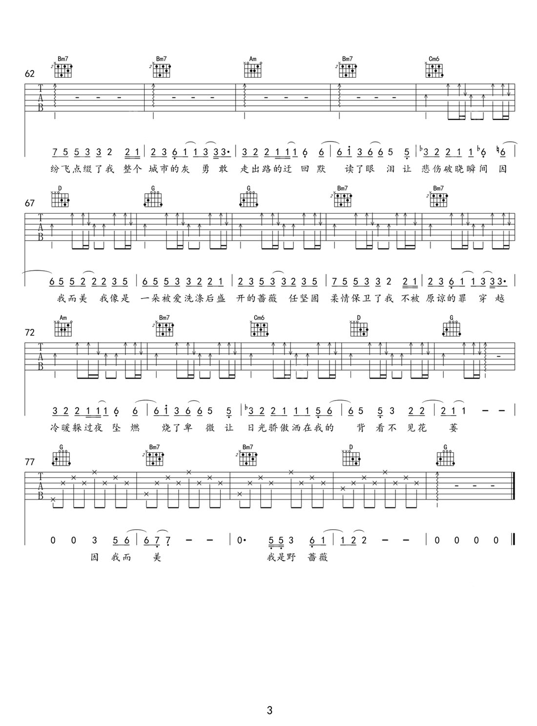 野薔薇吉他譜_張遠_C調和弦彈唱譜_翻唱改編_圖譜3