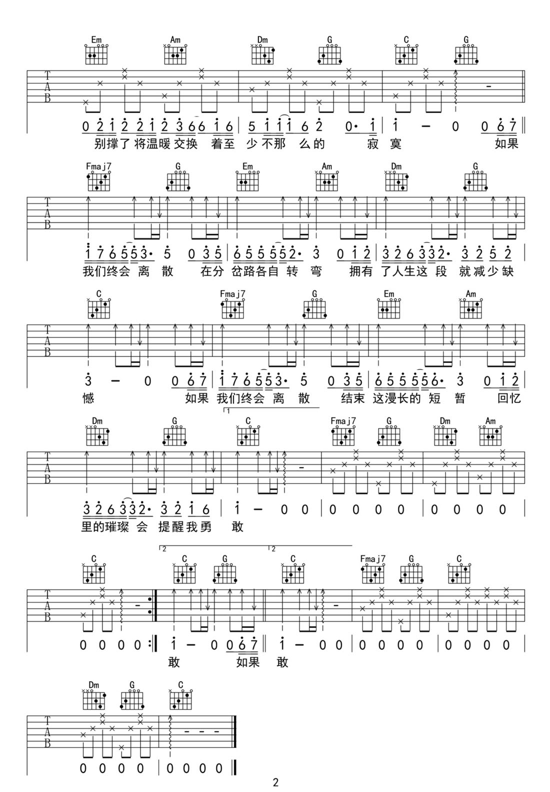 如果有一天我將會離開你吉他譜_譚維維_C調和弦彈唱譜_簡單版_圖譜2