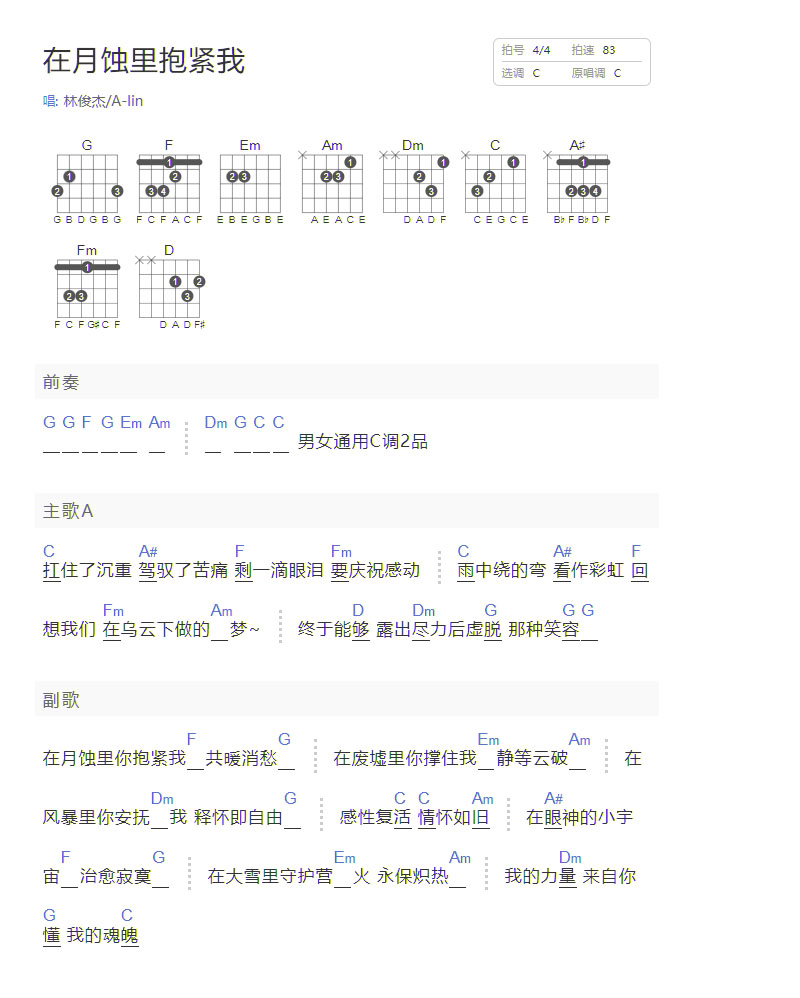 在月蝕里抱緊我吉他譜_林俊杰_C調(diào)和弦彈唱譜_簡化和弦版_圖譜1