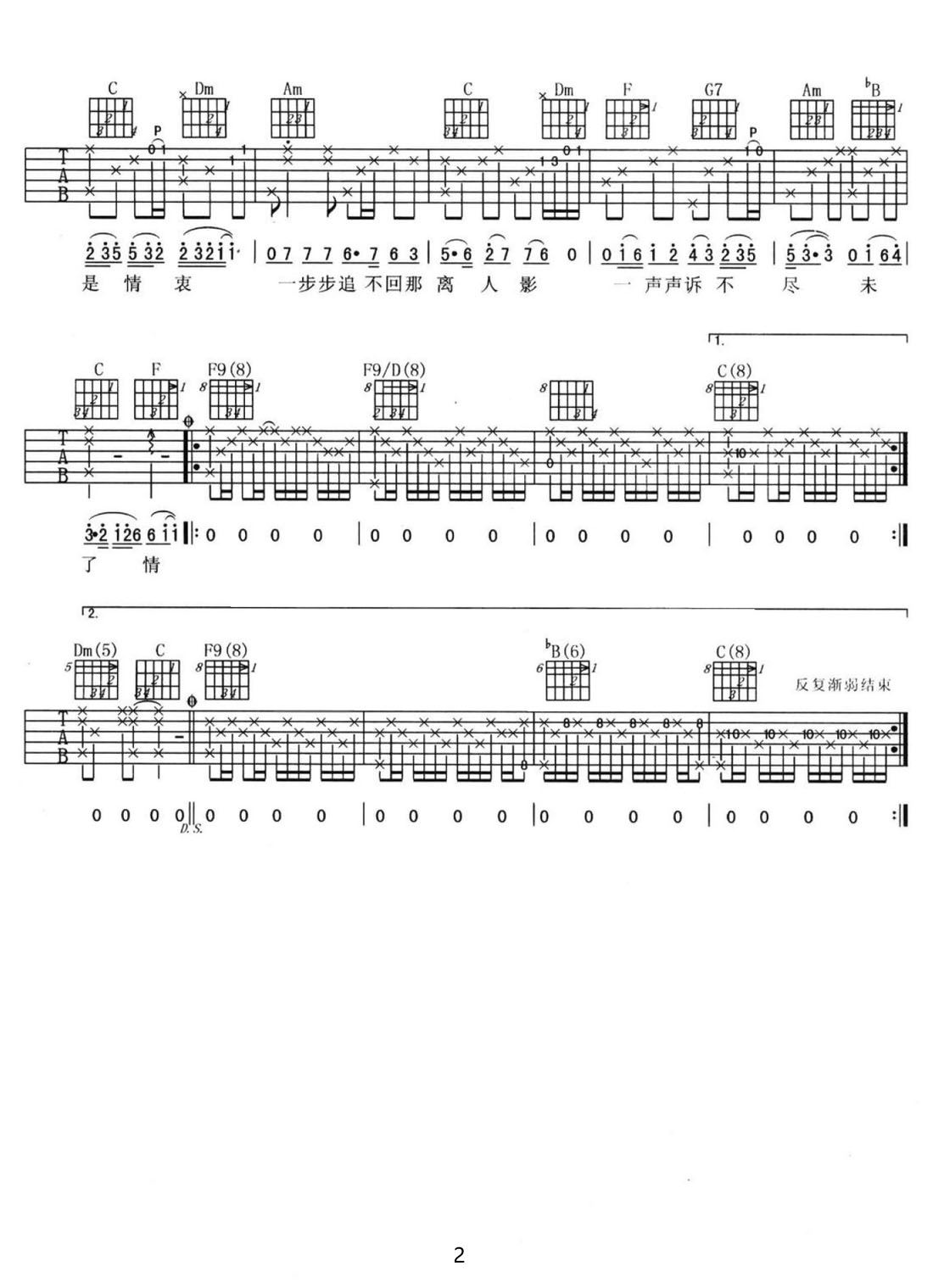 未了情吉他譜_田震_F調(diào)和弦彈唱譜_重制版_圖譜2