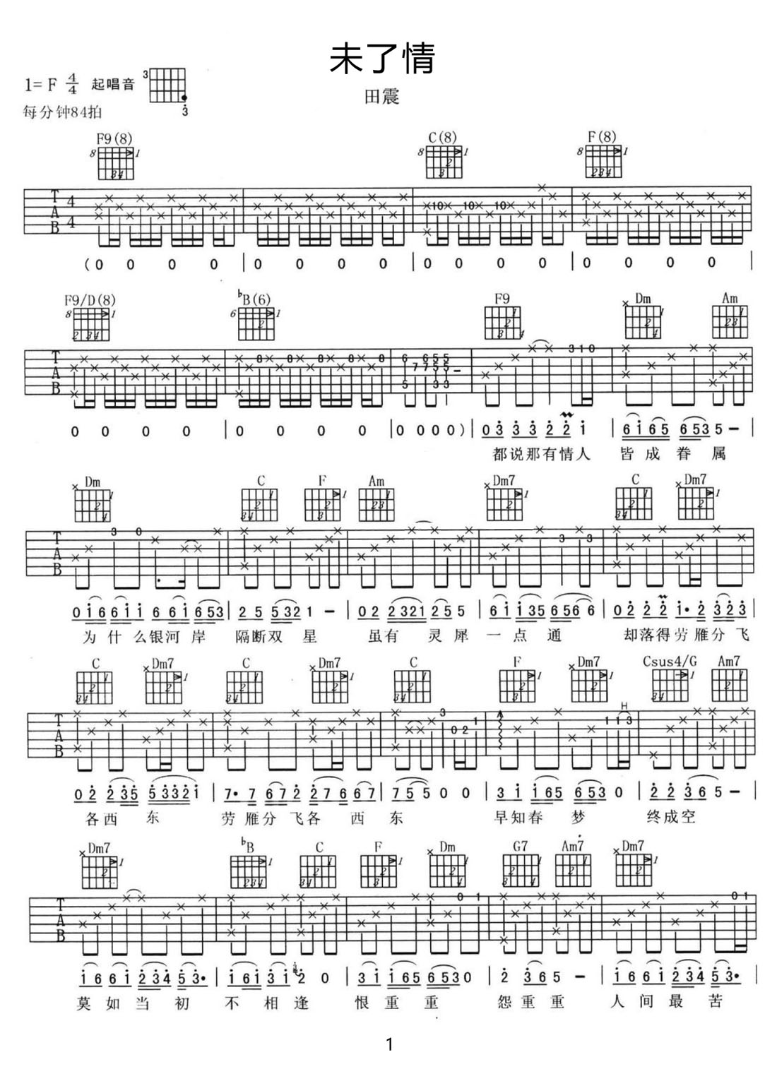 未了情吉他譜_田震_F調(diào)和弦彈唱譜_重制版_圖譜1