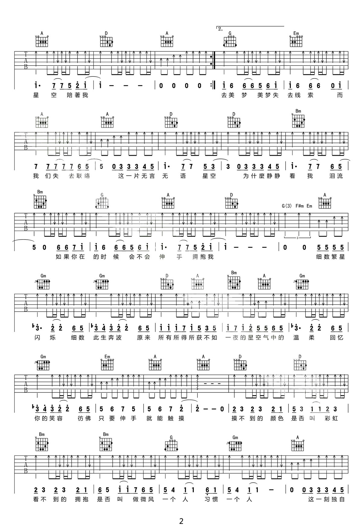 星空吉他譜_五月天_D調和弦彈唱譜_高清重制版_圖譜2