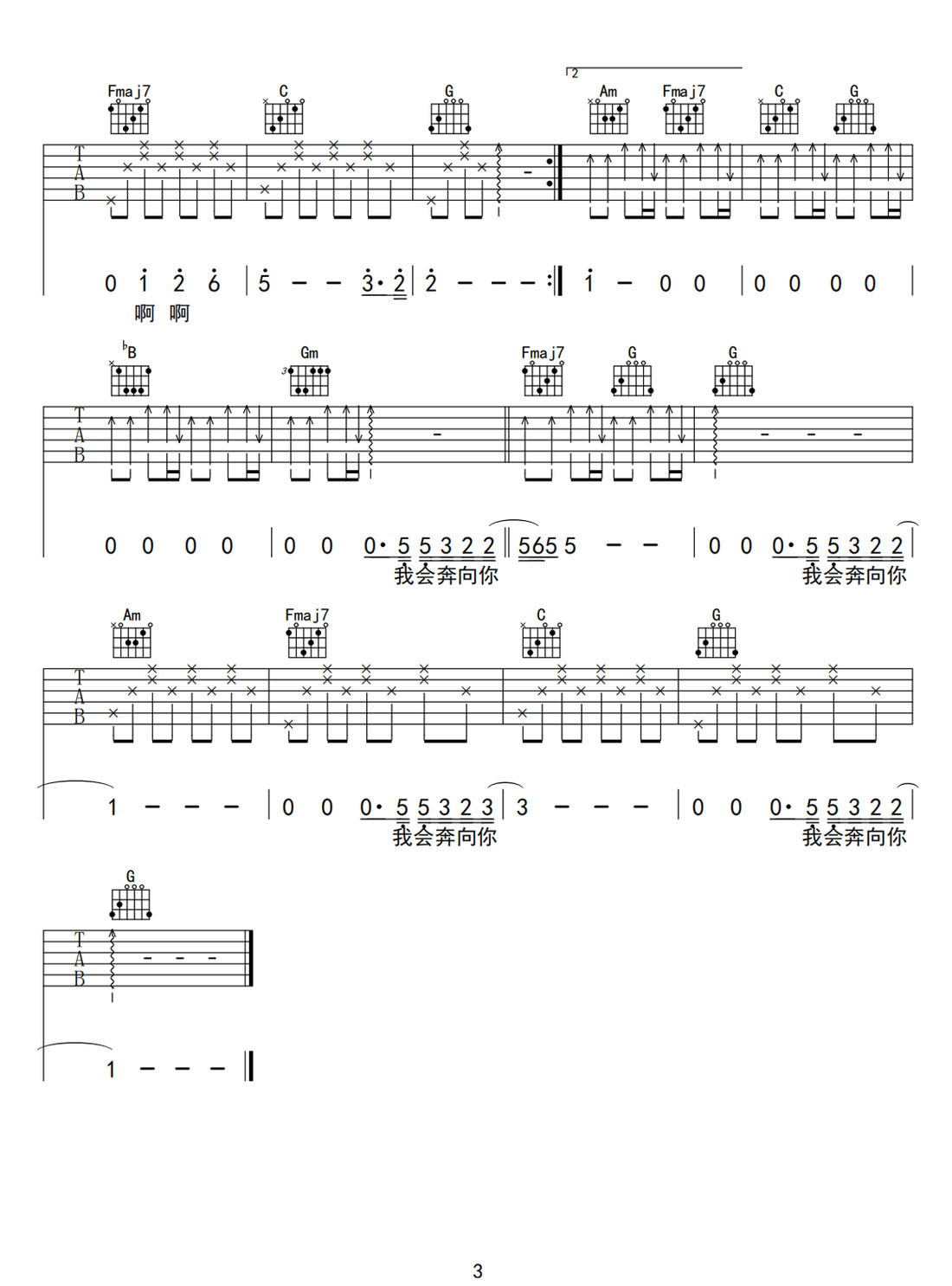 奔向你吉他譜_周深_C調(diào)和弦彈唱譜_高清版_圖譜3