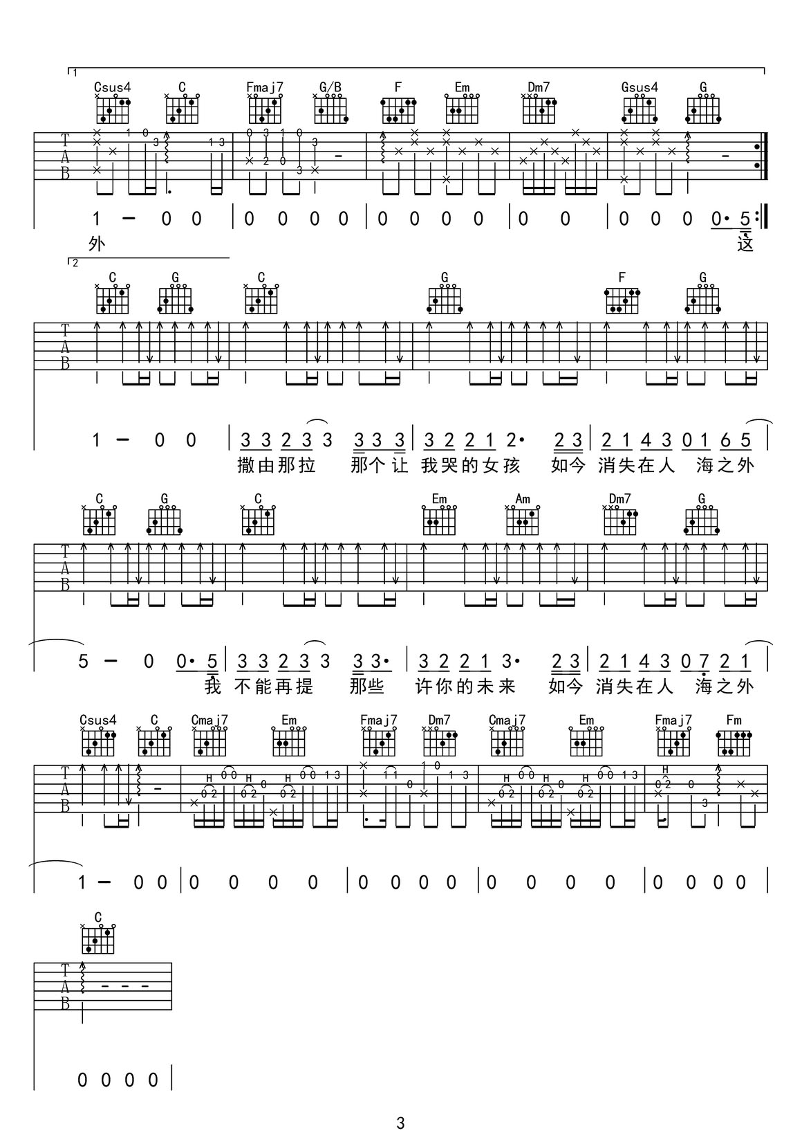 從前那個女孩吉他譜_王赫野_C調(diào)和弦彈唱譜_完美版帶前奏_圖譜3
