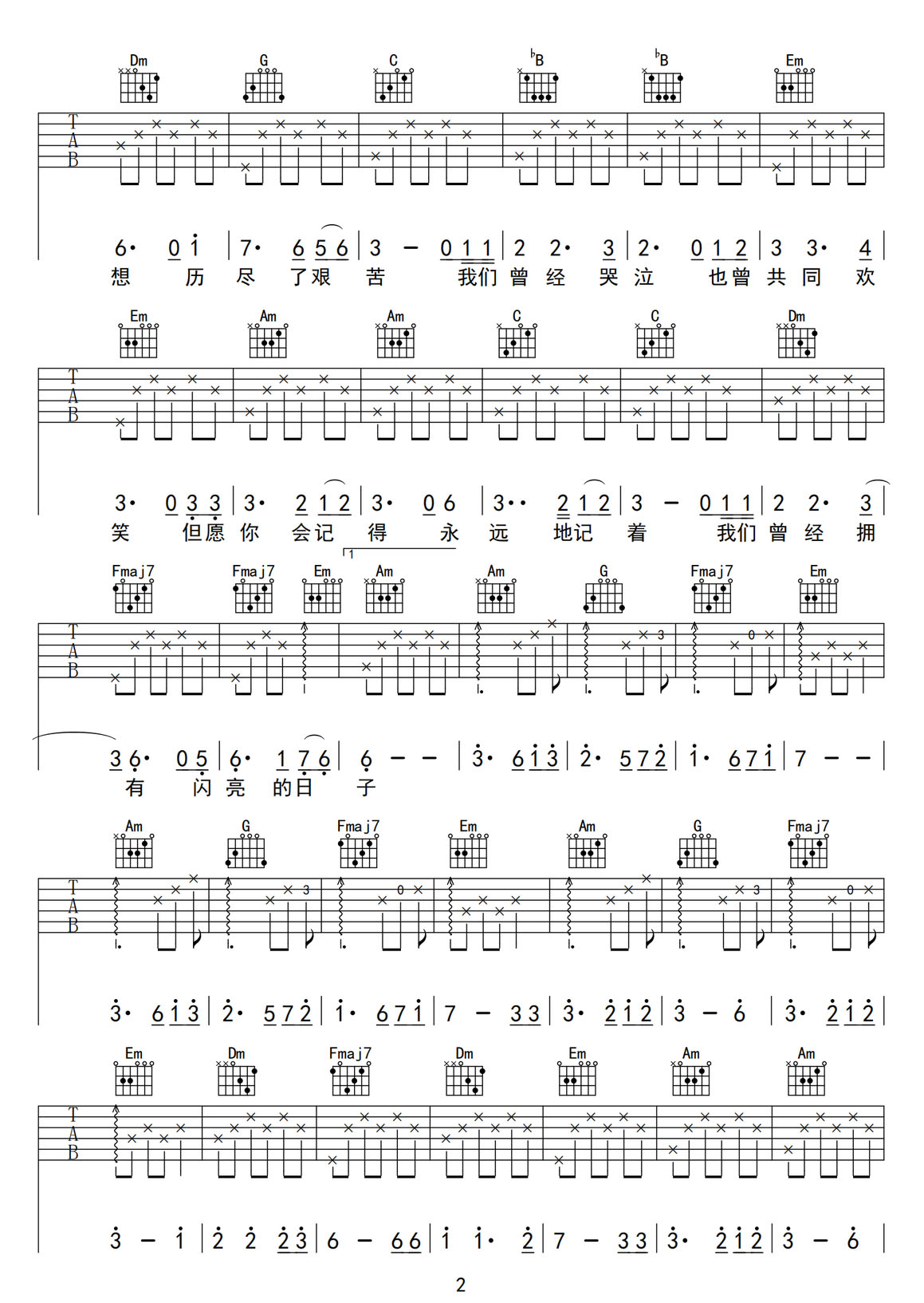 閃亮的日子吉他譜_魏如萱_C調(diào)和弦彈唱譜_圖譜2