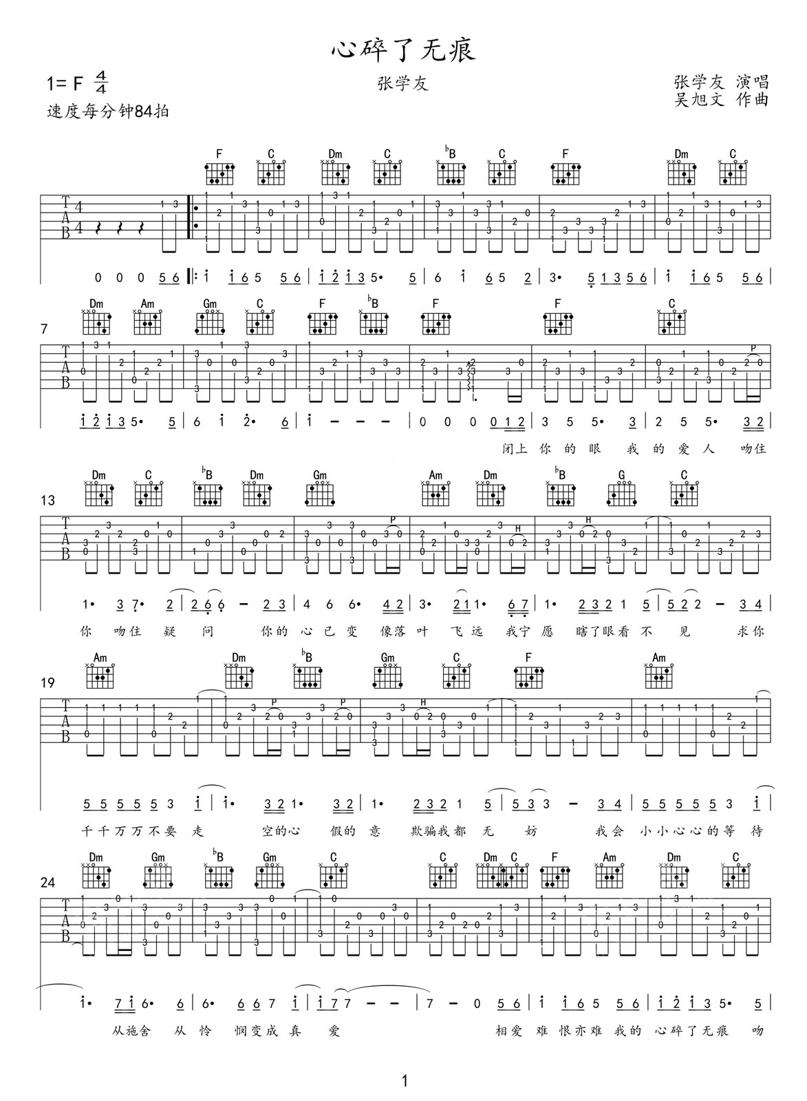 心碎了無痕吉他譜_張學(xué)友_F調(diào)指彈/獨奏譜_簡單版_圖譜1