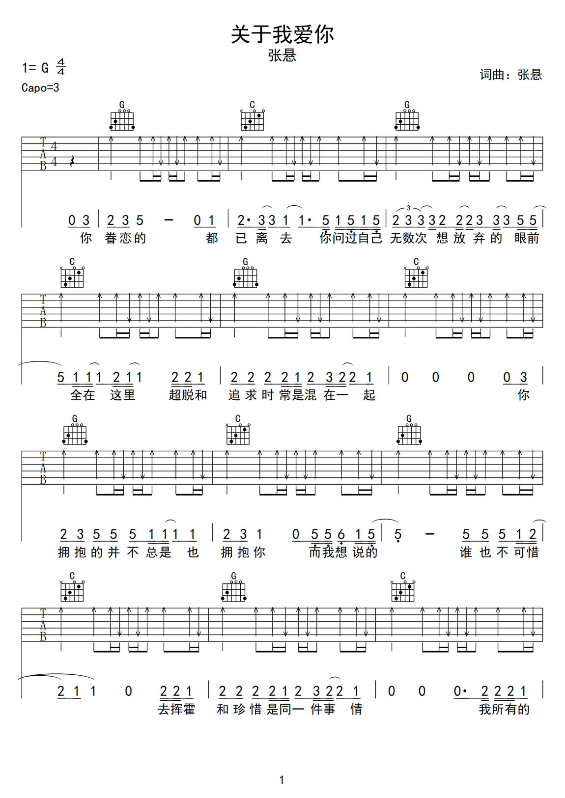 關于我愛你吉他譜_張懸_G調和弦彈唱譜_簡易版_圖譜1