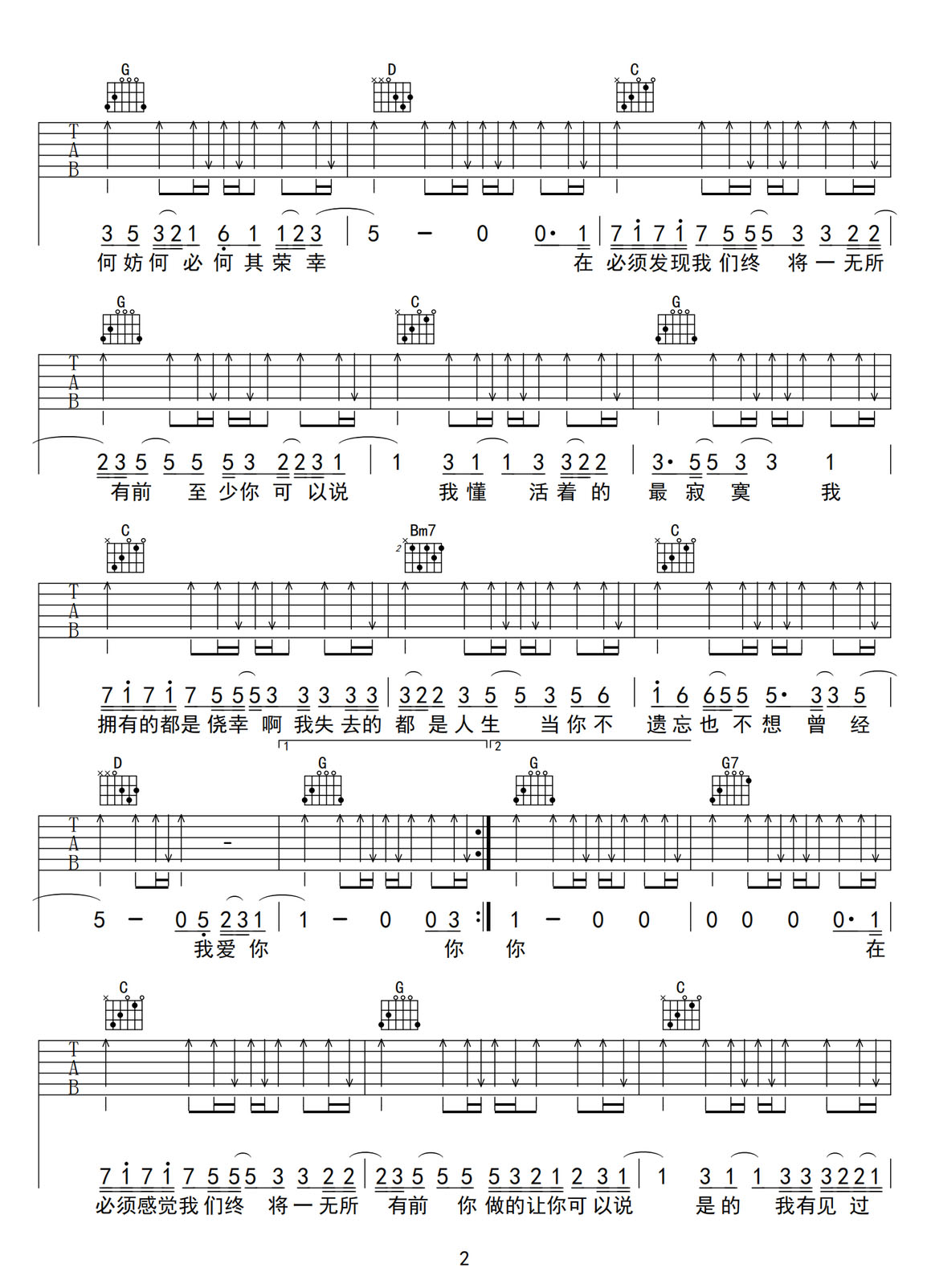 關于我愛你吉他譜_張懸_G調和弦彈唱譜_簡易版_圖譜2