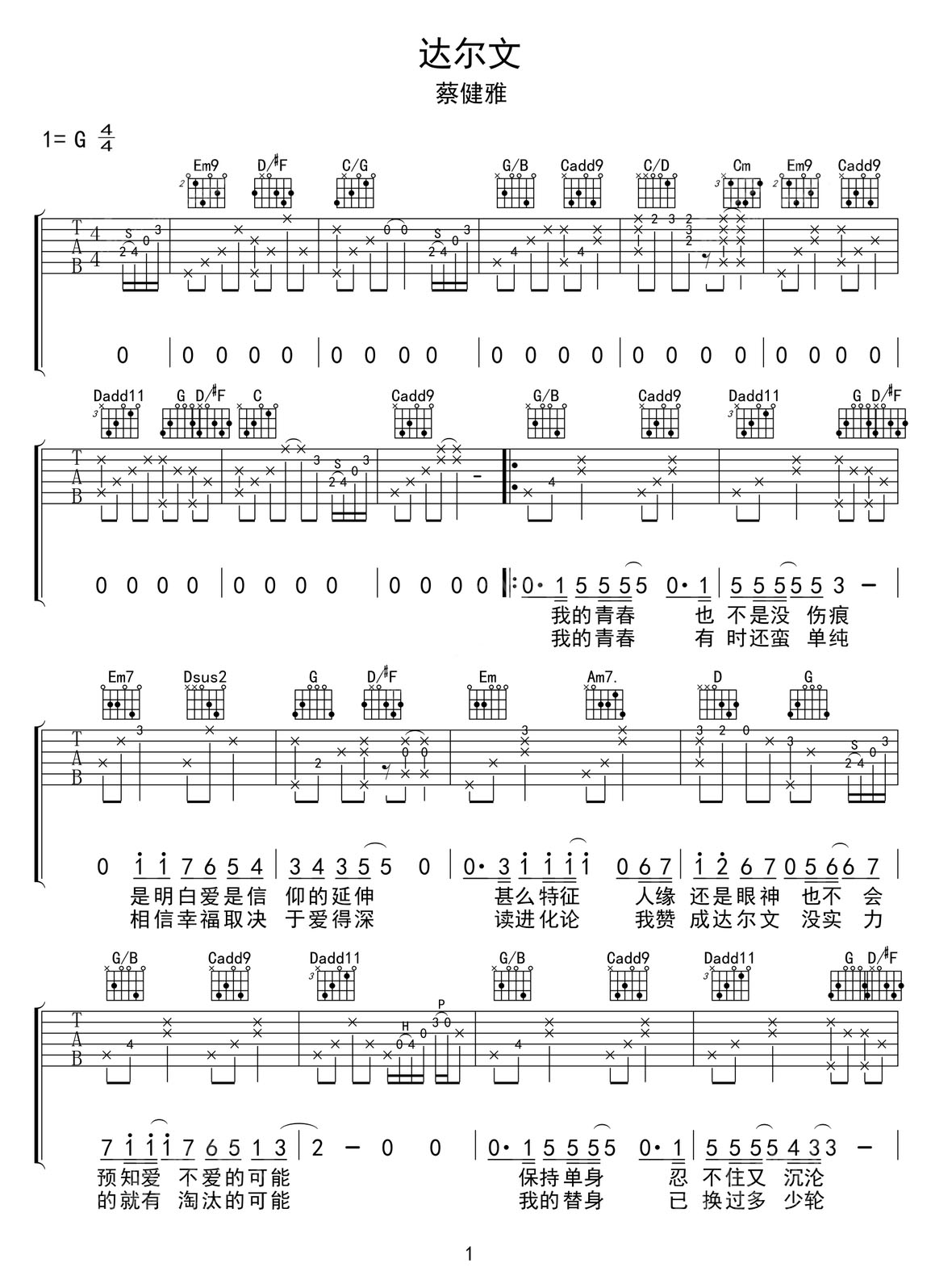 達(dá)爾文吉他譜_蔡健雅_G調(diào)和弦彈唱譜_完美重制版_圖譜1