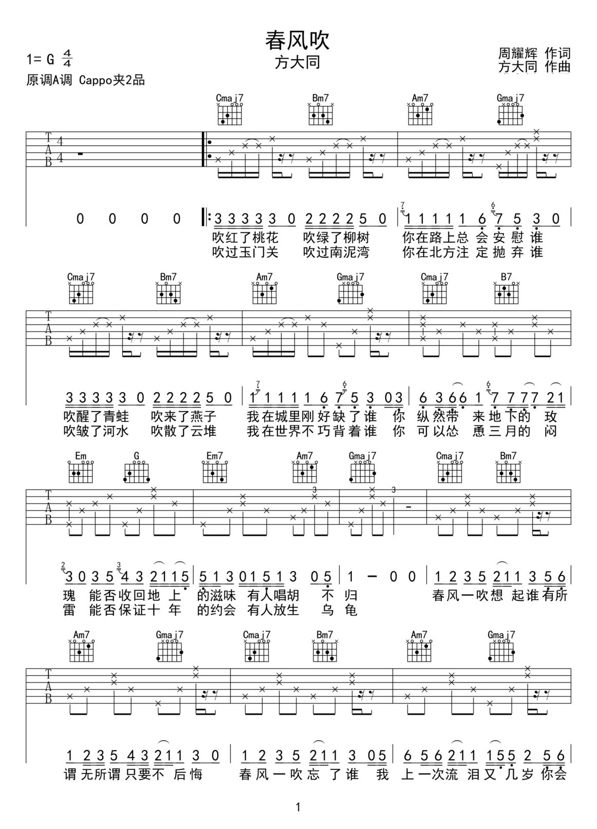 春風(fēng)吹吉他譜_方大同_G調(diào)和弦彈唱譜_高清重制版_圖譜1