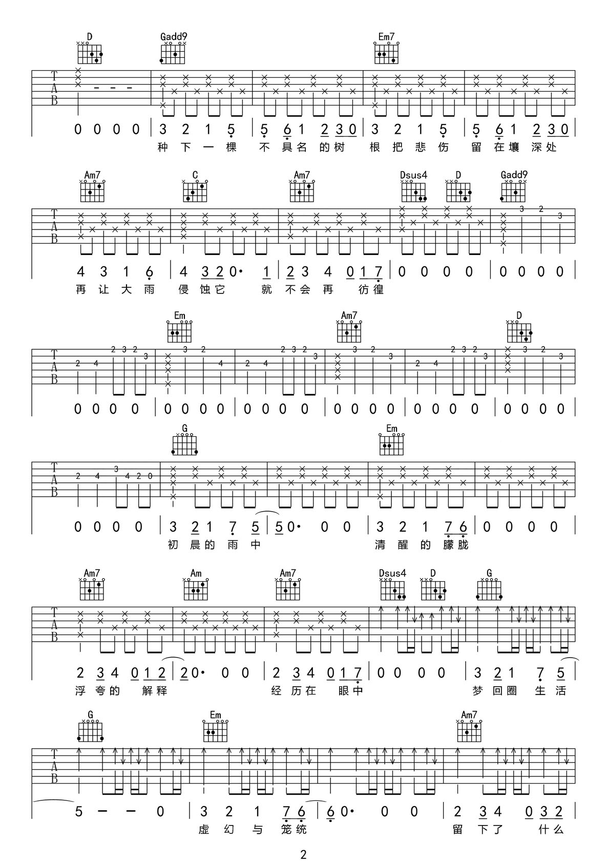 不具名的花吉他譜_告五人_G調和弦彈唱譜_簡單版_圖譜2