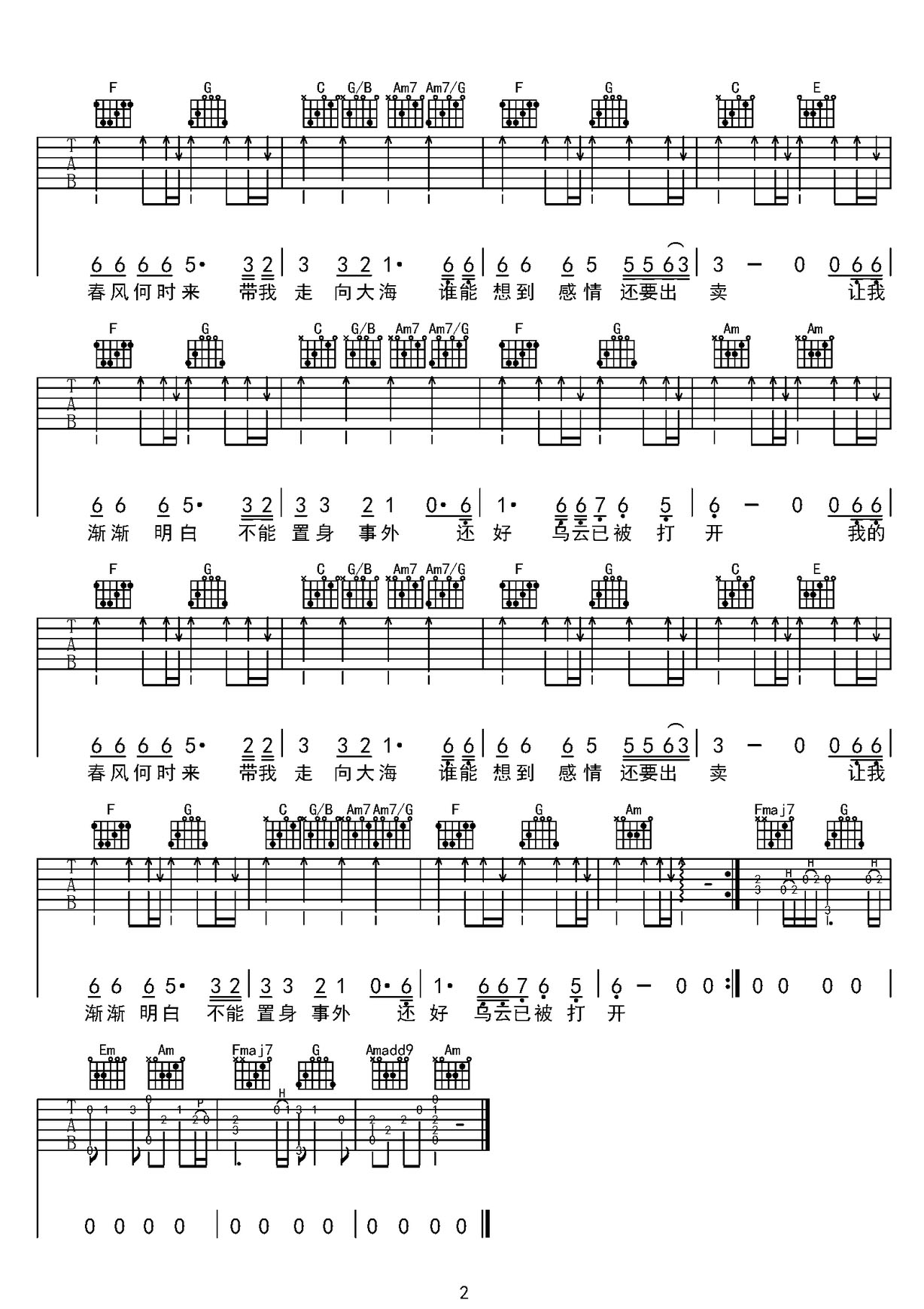 春風(fēng)何時(shí)來(lái)吉他譜_巴扎黑_C調(diào)和弦彈唱譜_完整版帶前奏_圖譜2
