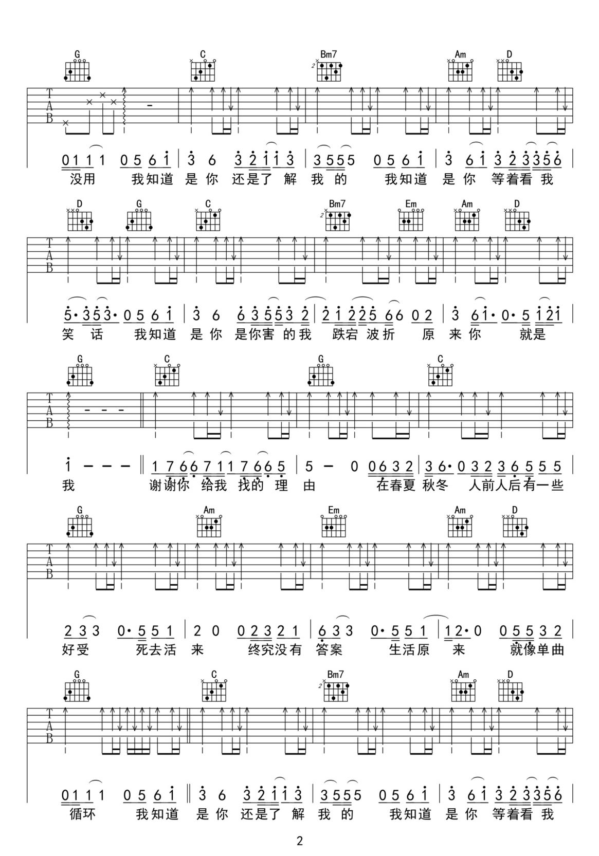 我知道是你吉他譜_王靖雯_G調(diào)和弦彈唱譜_唐漢霄/信/馬伯騫_圖譜2