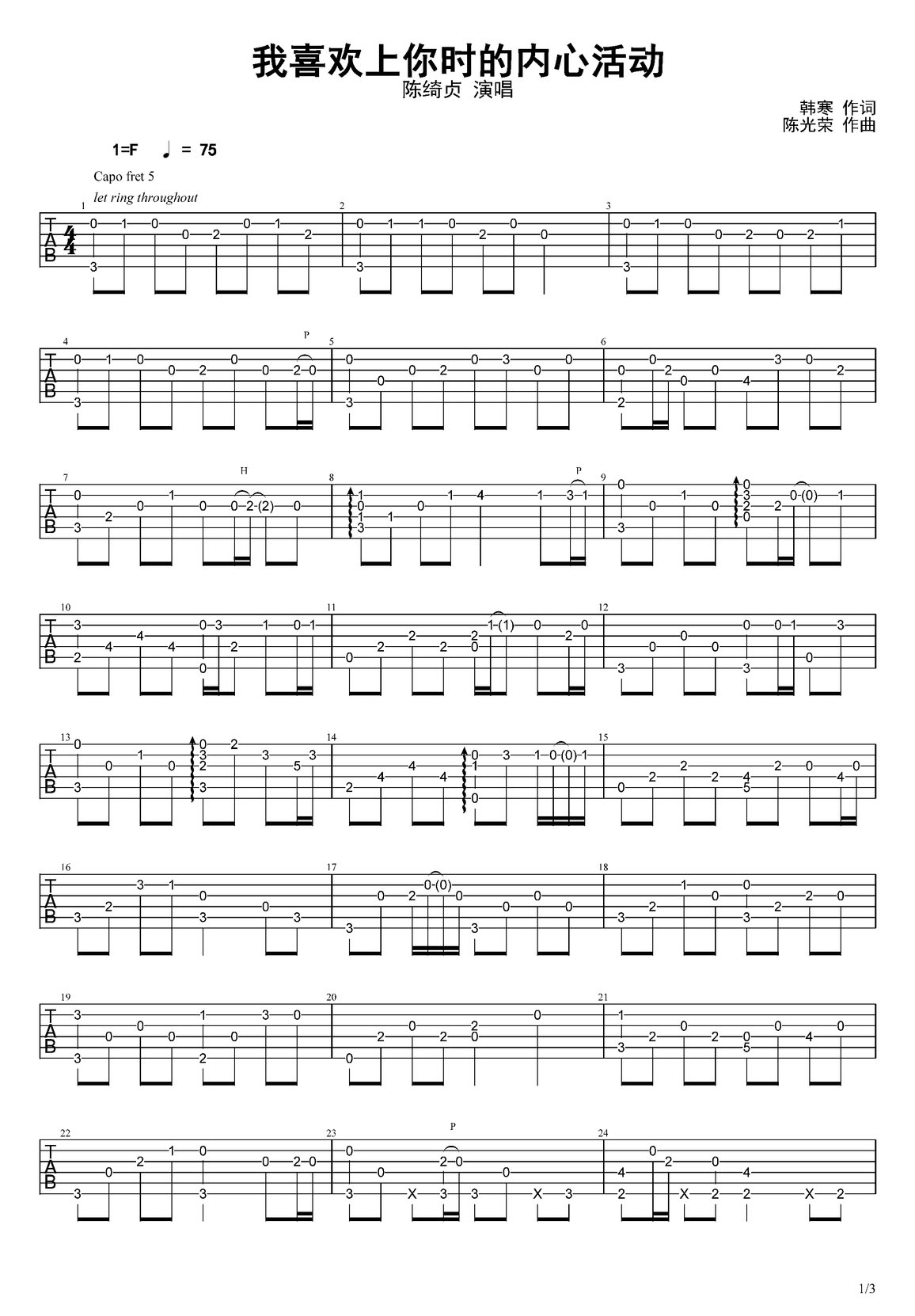 我喜歡上你時(shí)的內(nèi)心活動(dòng)吉他譜_陳綺貞_F調(diào)指彈/獨(dú)奏譜_簡(jiǎn)單版_圖譜1