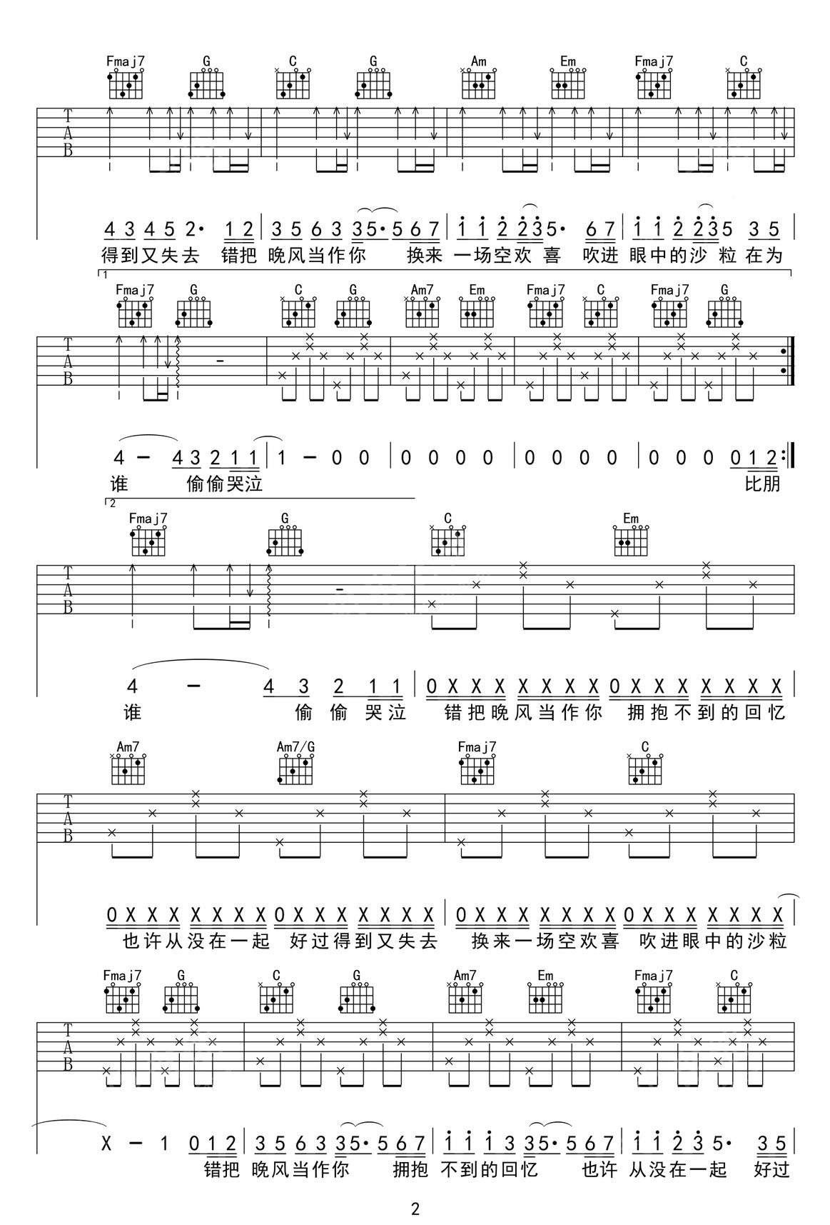 錯把晚風(fēng)當(dāng)作你吉他譜_何文宇_C調(diào)和弦彈唱譜_簡易版_圖譜2