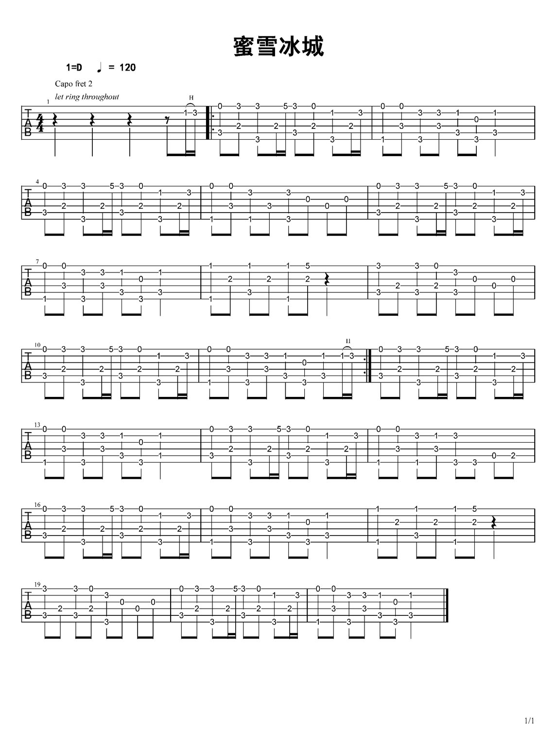 蜜雪冰城吉他譜_飯思思_D調指彈/獨奏譜_簡易版_圖譜1