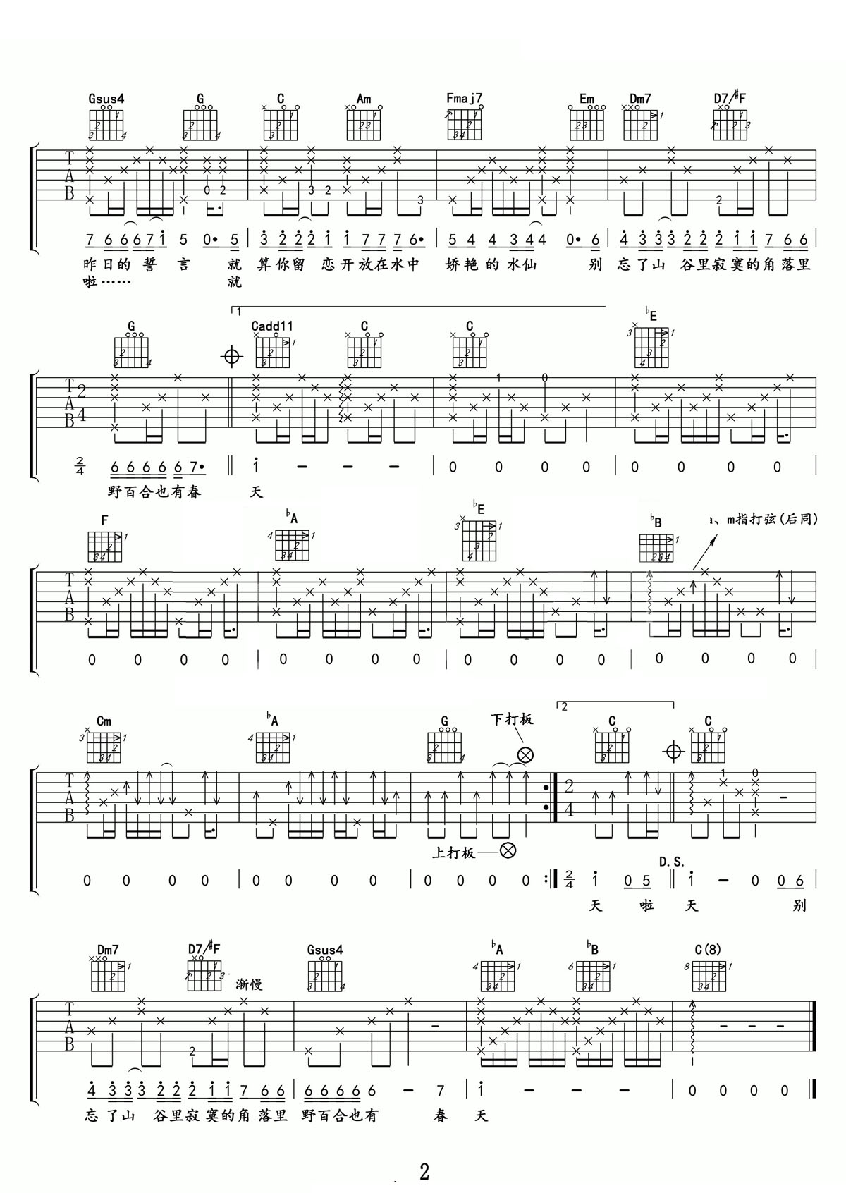 野百合也有春天吉他譜_羅大佑_C調和弦彈唱譜_完美精編_圖譜2